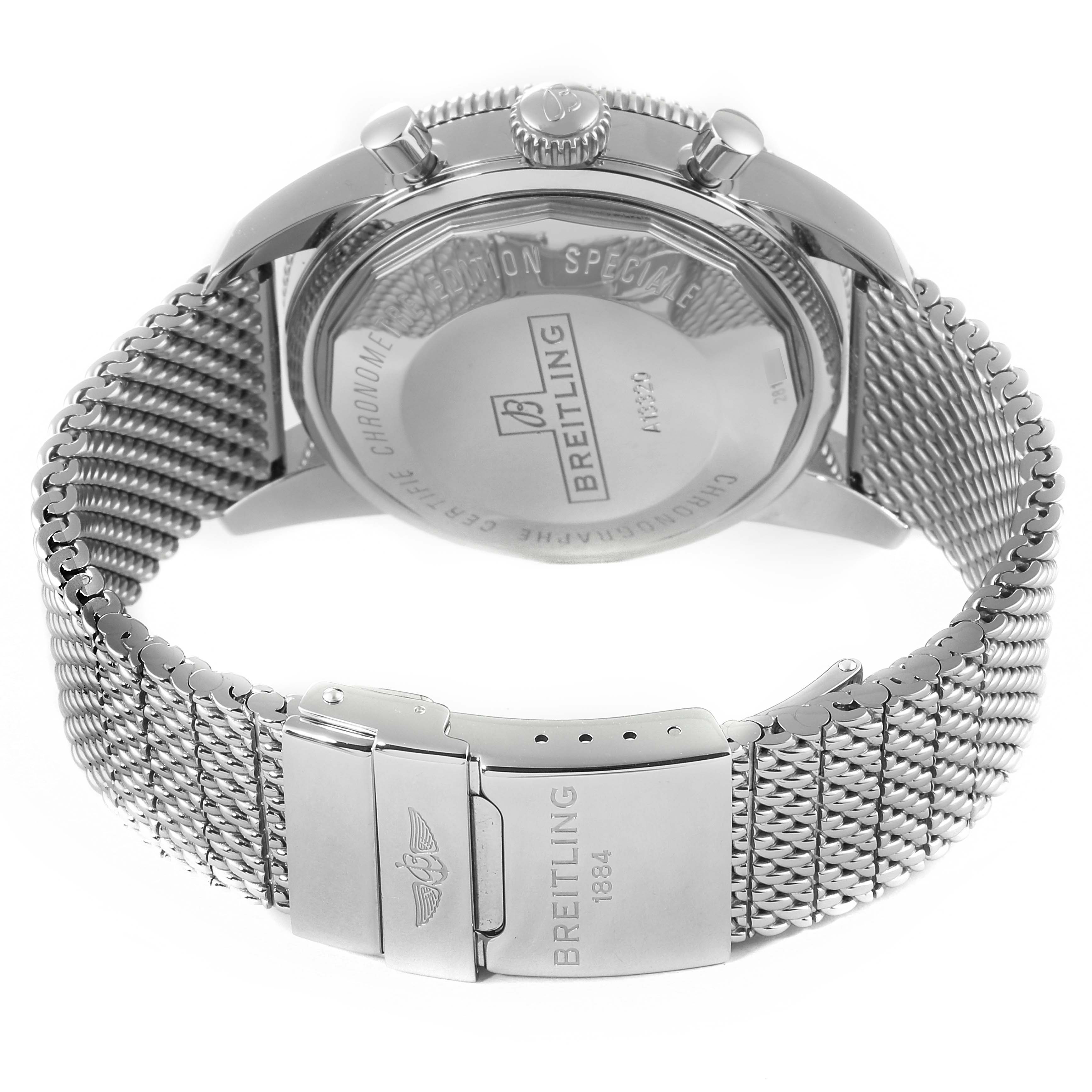 The image shows the back case and mesh bracelet of a Breitling Superocean A13320 Men's Stainless Steel Blue Dial A13320 Men's Stainless Steel Blue Dial watch, angled from the rear.