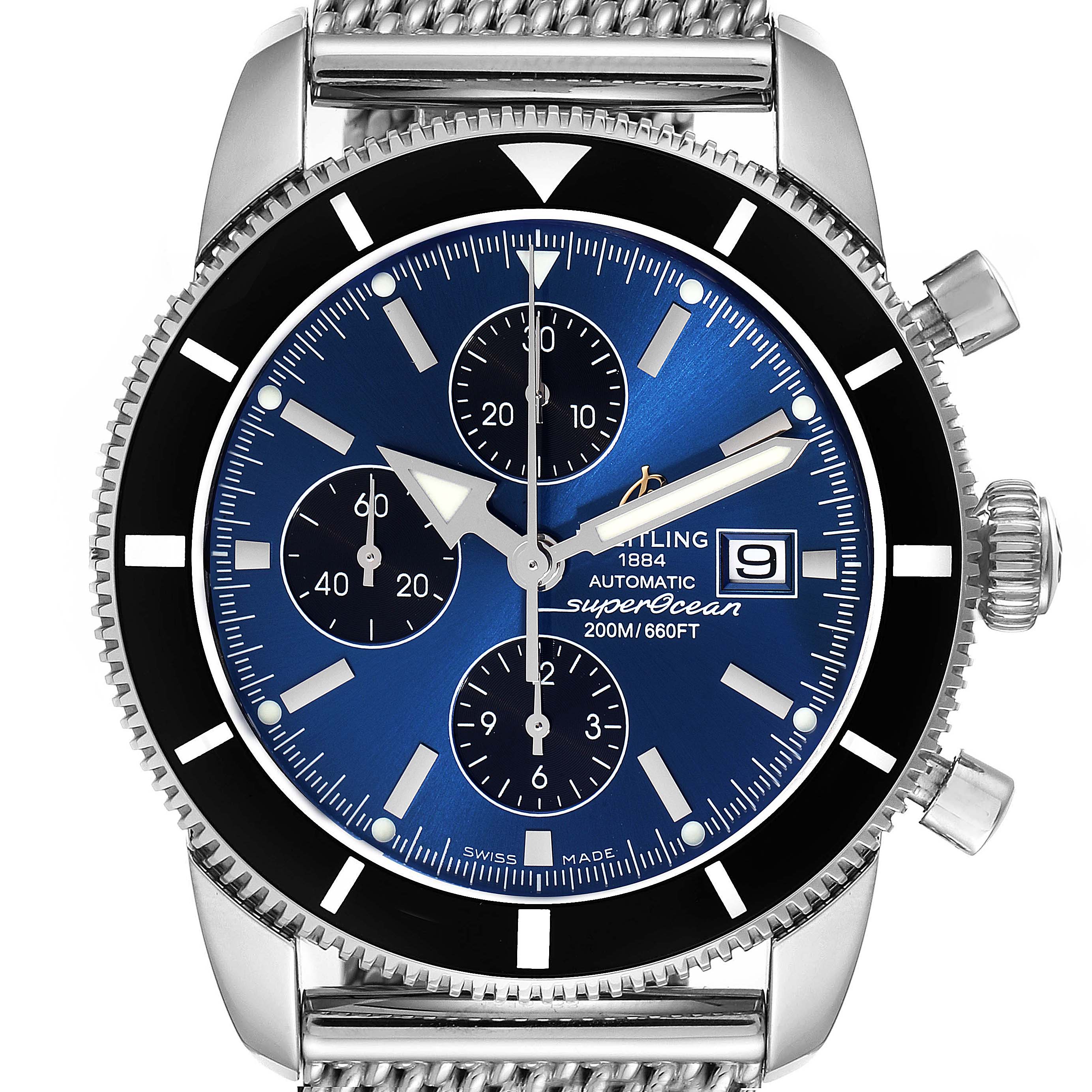 This image shows a frontal view of a Breitling Superocean A13320 Men's Stainless Steel Blue Dial A13320 Men's Stainless Steel Blue Dial watch, highlighting its dial, bezel, and part of the strap.