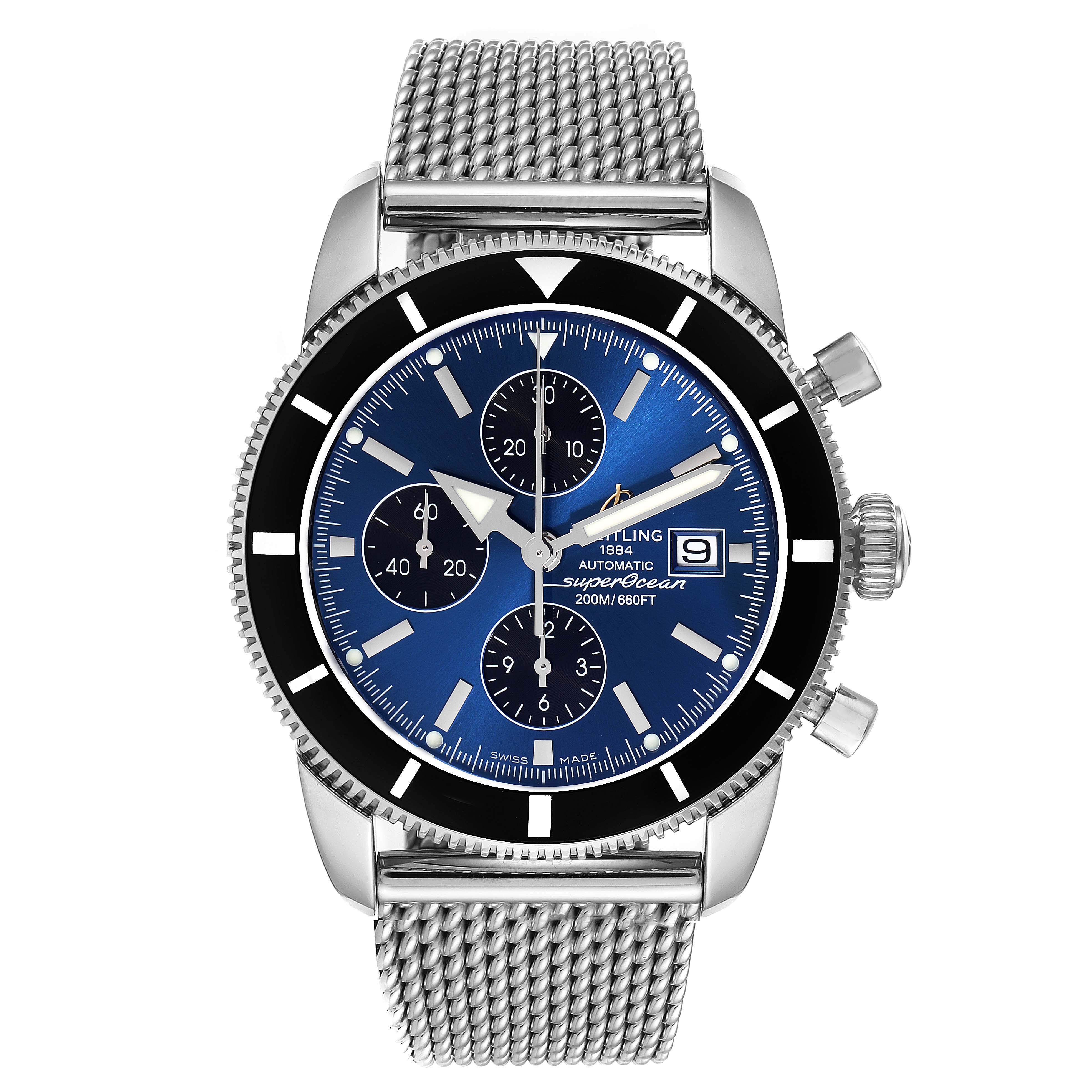 The Breitling Superocean A13320 Men's Stainless Steel Blue Dial A13320 Men's Stainless Steel Blue Dial watch is shown from the front, displaying the dial, three sub-dials, and metal mesh bracelet.