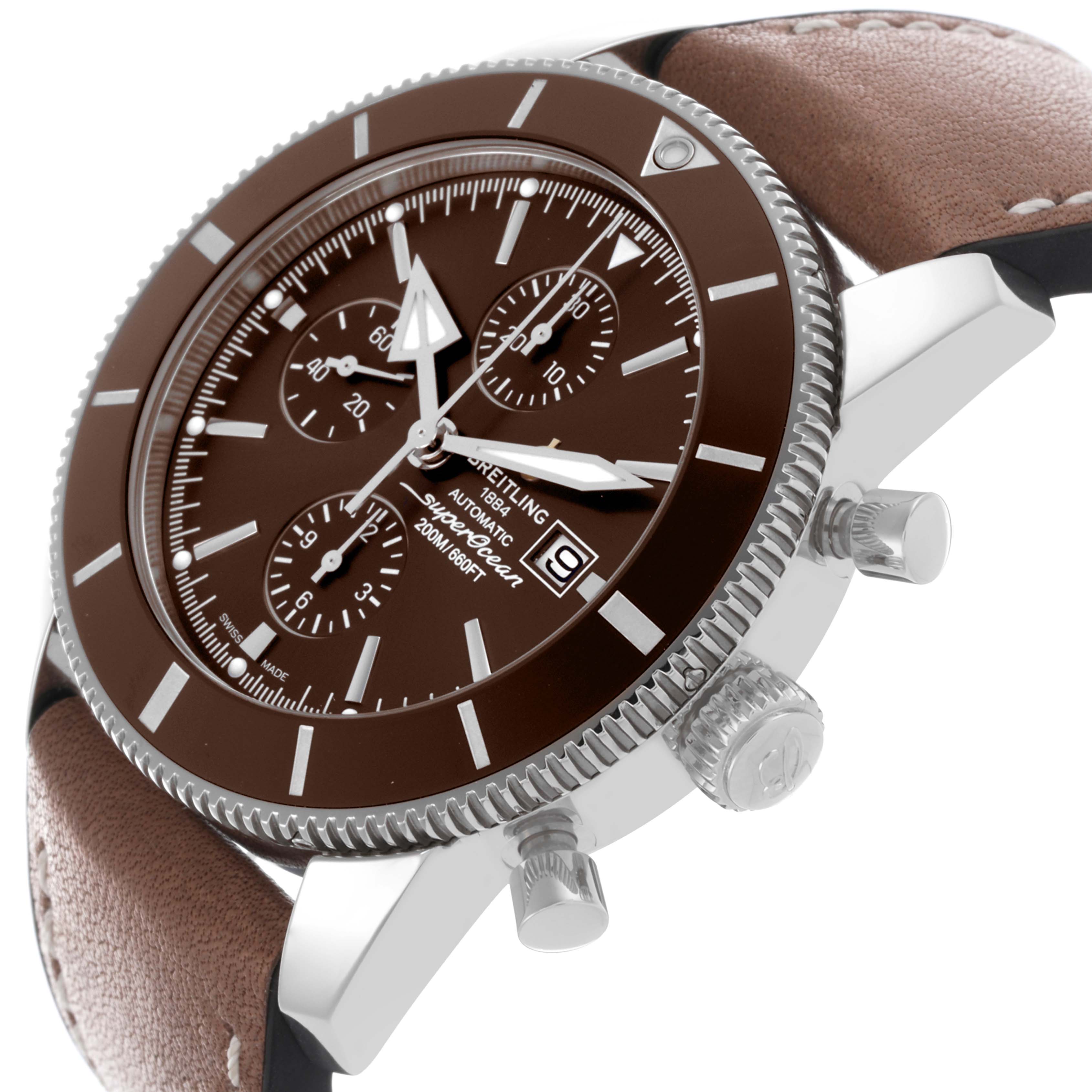 The Breitling Superocean A1331233/Q616 Men's Stainless Steel Brown Dial A1331233/Q616 Men's Stainless Steel Brown Dial watch is shown at an angled side view, highlighting the dial, bezel, crown, pushers, and leather strap.