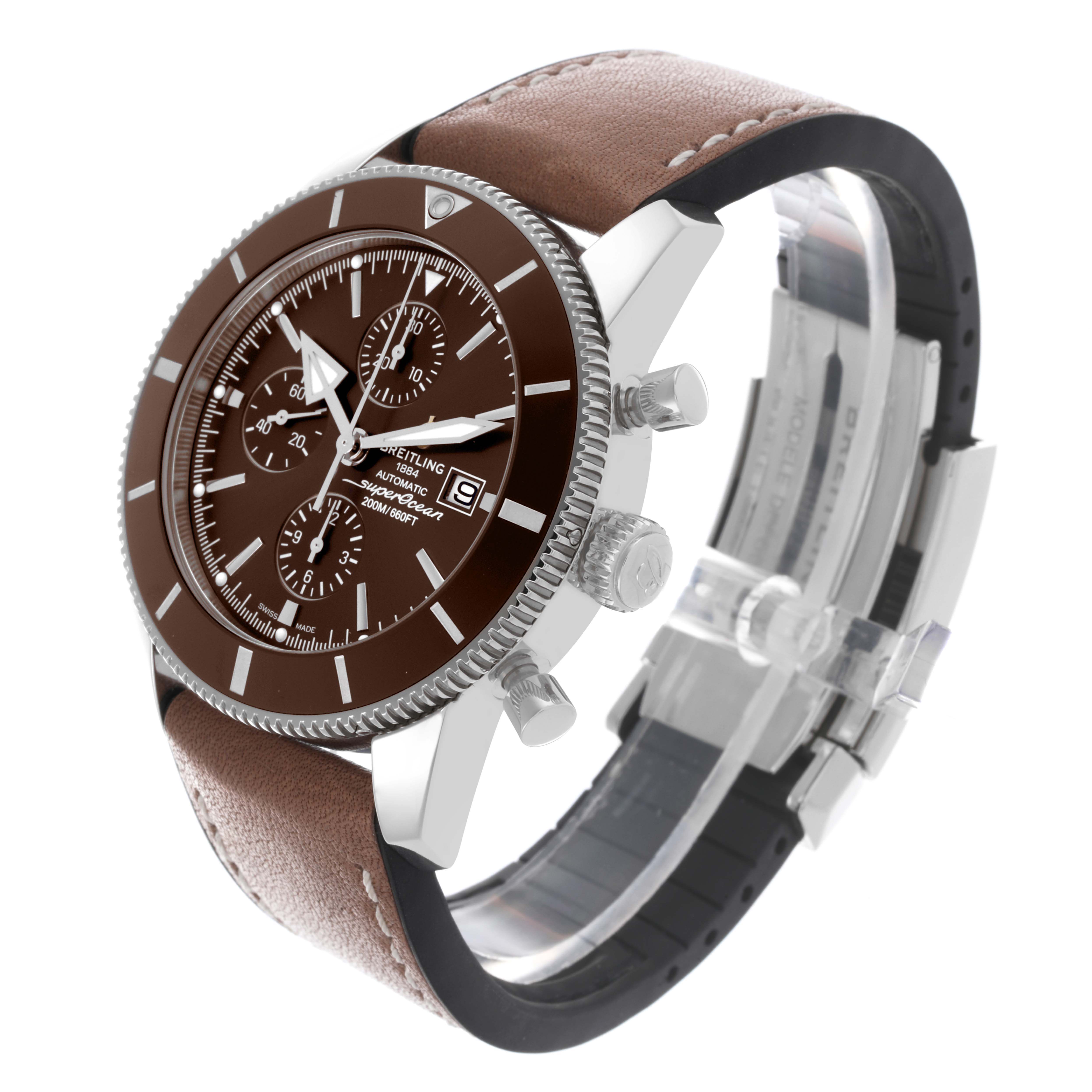 The Breitling Superocean A1331233/Q616 Men's Stainless Steel Brown Dial A1331233/Q616 Men's Stainless Steel Brown Dial watch is shown from an oblique angle, highlighting the case, brown dial, bezel, chronograph subdials, and brown leather strap.
