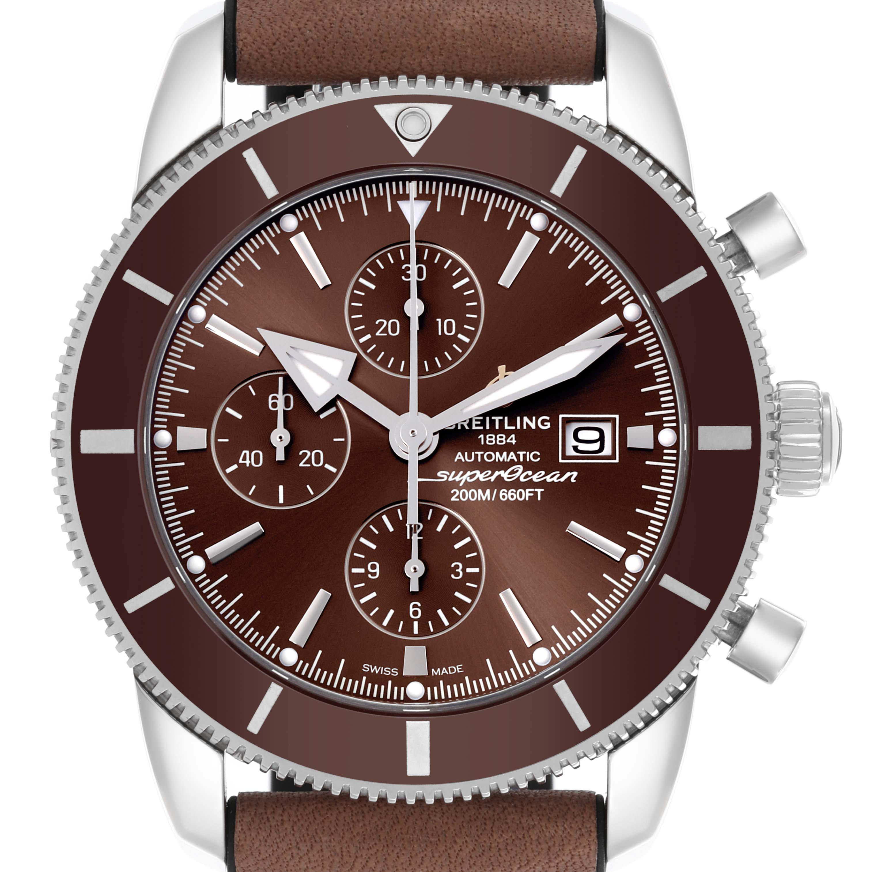 The Breitling Superocean A1331233/Q616 Men's Stainless Steel Brown Dial A1331233/Q616 Men's Stainless Steel Brown Dial watch is shown from the front, displaying the brown dial, bezel, subdials, and date window.