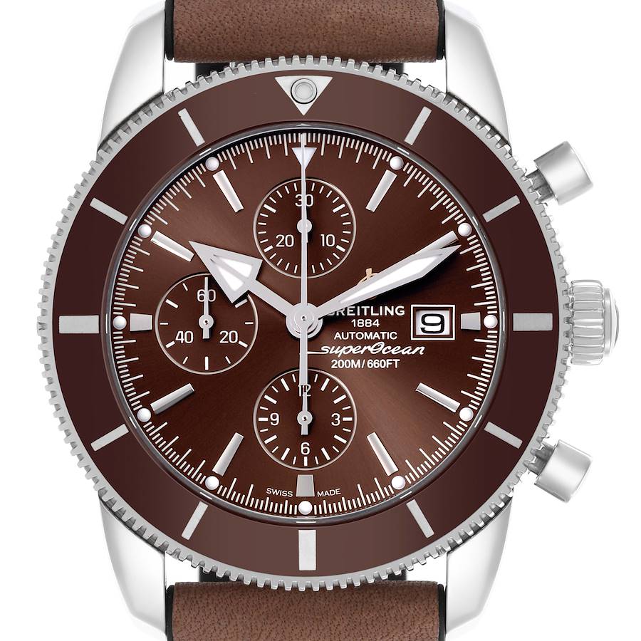 The Breitling Superocean watch is shown from the front, displaying the brown dial, bezel, subdials, and date window.