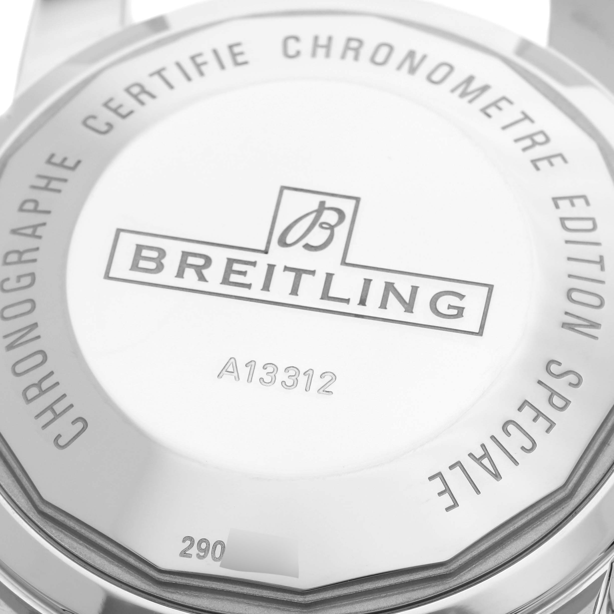 The image shows the case back of the Breitling Superocean A1331233/Q616 Men's Stainless Steel Brown Dial A1331233/Q616 Men's Stainless Steel Brown Dial watch, highlighting the brand logo and serial number.
