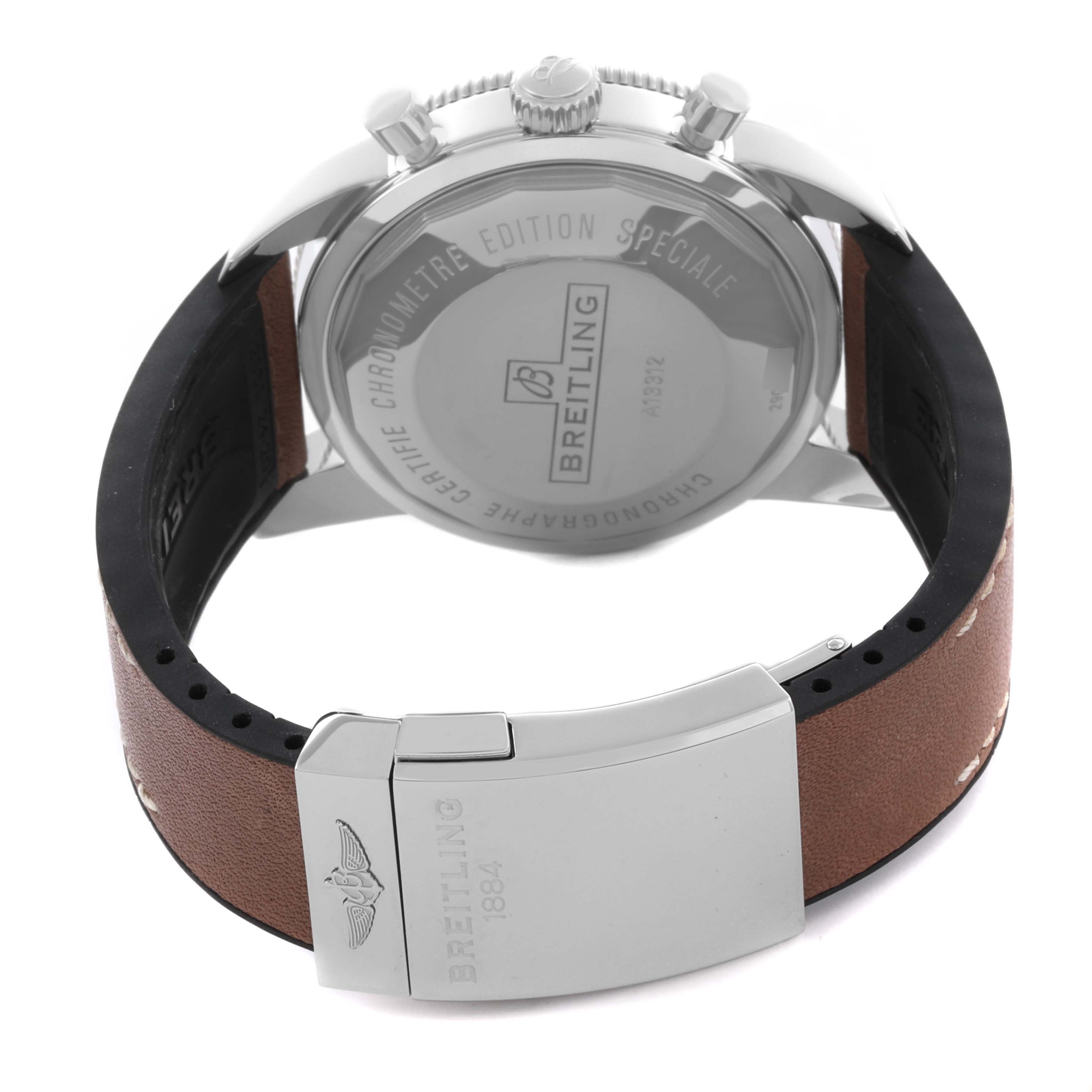 The image shows the back of the Breitling Superocean A1331233/Q616 Men's Stainless Steel Brown Dial A1331233/Q616 Men's Stainless Steel Brown Dial watch, highlighting the case back and brown leather strap with a clasp.