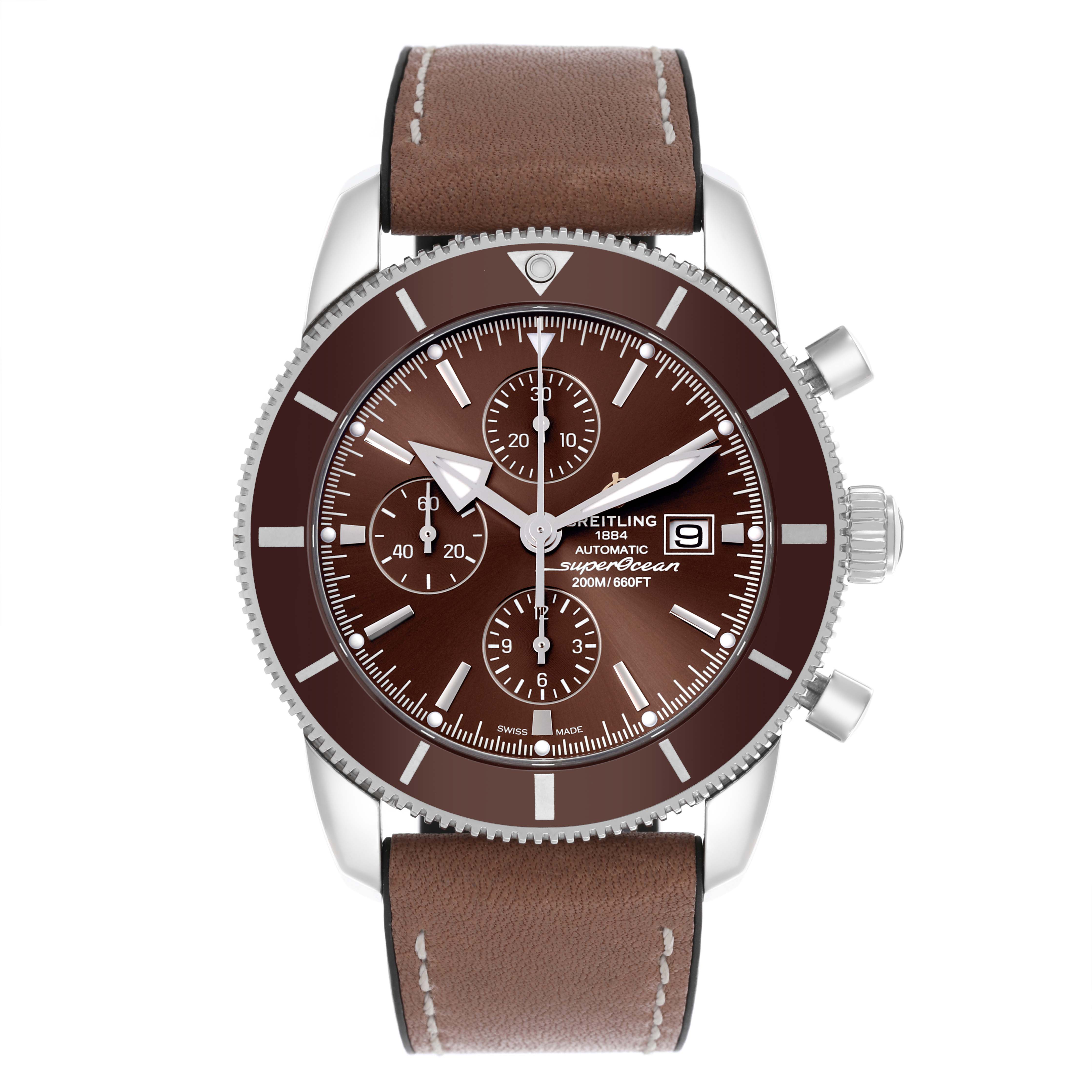 The Breitling Superocean A1331233/Q616 Men's Stainless Steel Brown Dial A1331233/Q616 Men's Stainless Steel Brown Dial watch is shown from a frontal angle, highlighting its brown dial, bezel, and leather strap.