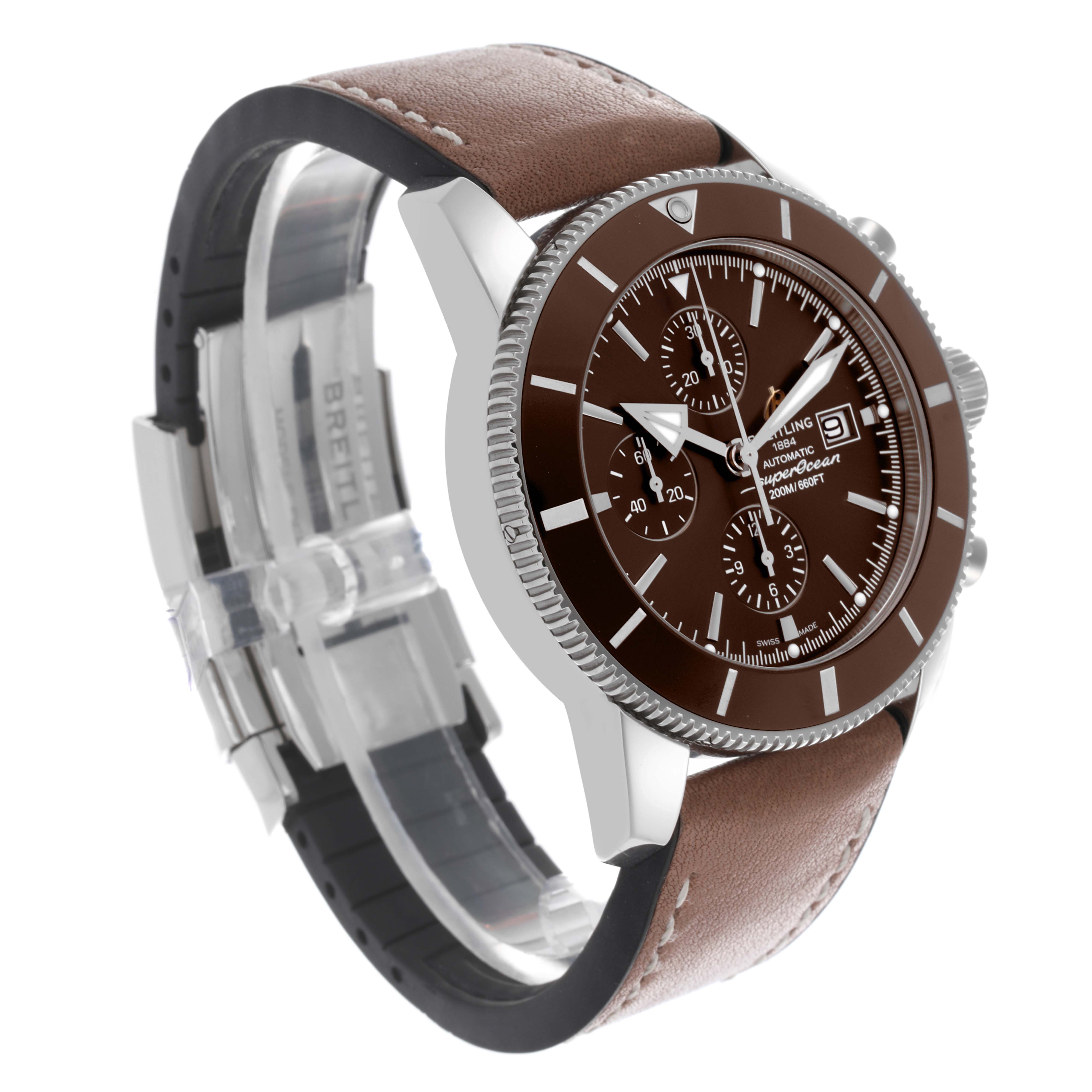 The Breitling Superocean A1331233/Q616 Men's Stainless Steel Brown Dial A1331233/Q616 Men's Stainless Steel Brown Dial watch is shown from a three-quarter angle, highlighting the dial, bezel, and brown leather strap.