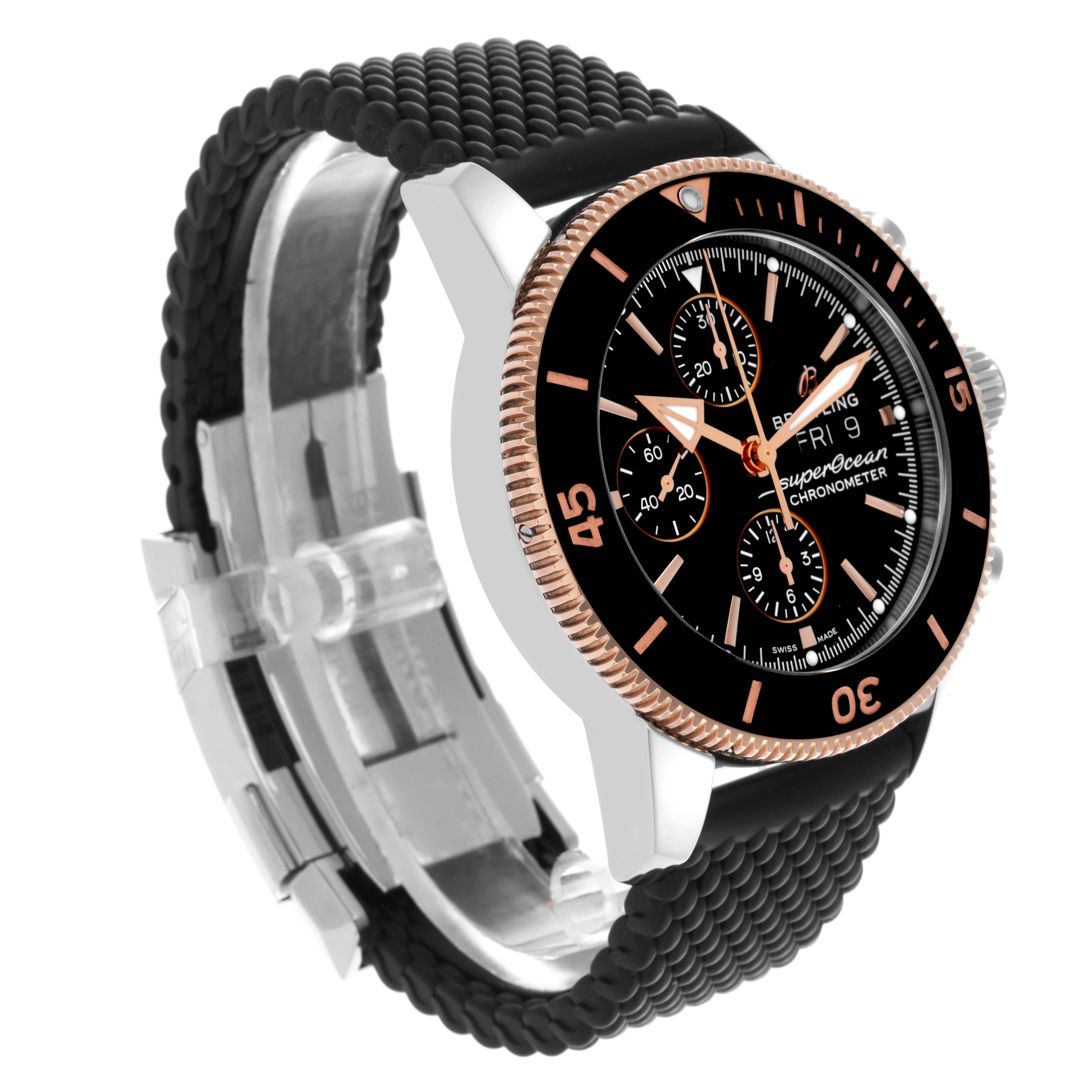 The Breitling Superocean U13313 Men's Steel and Gold (two tone) Black Dial U13313 Men's Steel and Gold (two tone) Black Dial watch is shown at a three-quarter angle, highlighting the bezel, dial, and rubber strap.