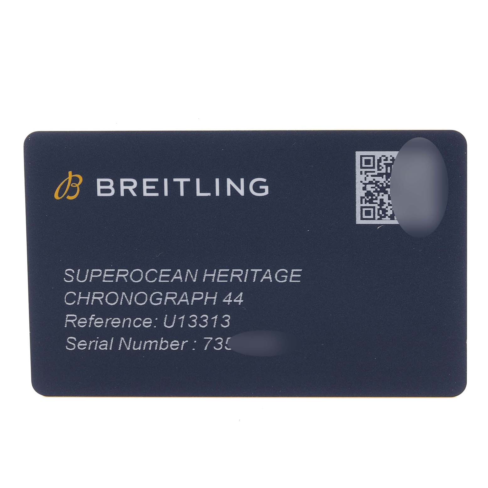 The image shows a warranty card for the Breitling Superocean U13313 Men's Steel and Gold (two tone) Black Dial U13313 Men's Steel and Gold (two tone) Black Dial Heritage Chronograph 44 watch model.