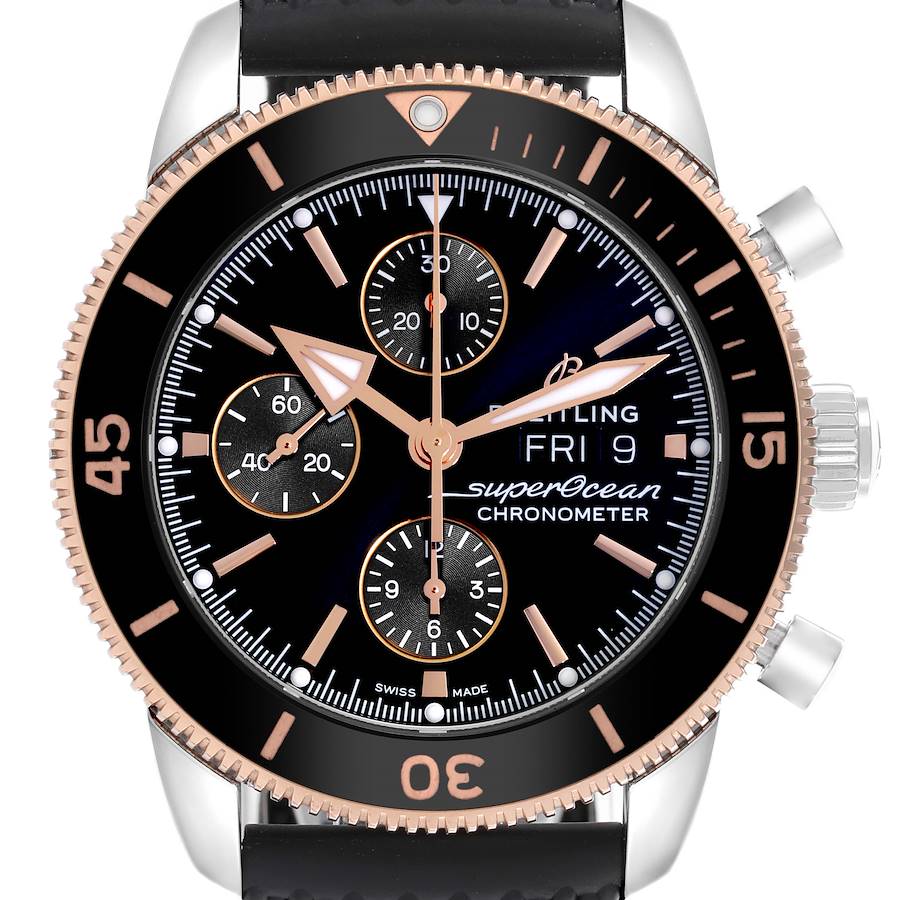 The image shows a front view of the Breitling Superocean watch, highlighting the dial, bezel, subdials, and crown.