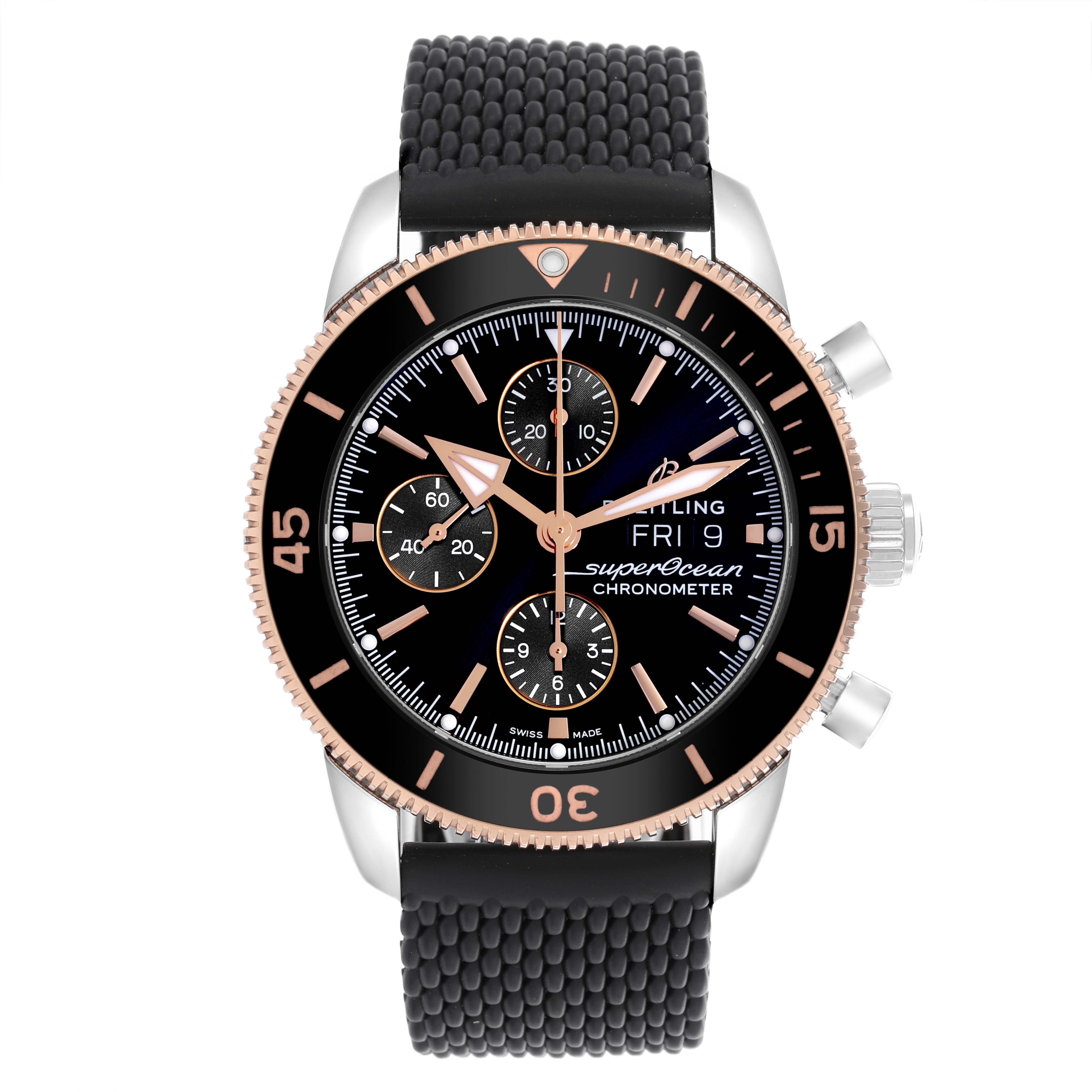 The Breitling Superocean U13313 Men's Steel and Gold (two tone) Black Dial U13313 Men's Steel and Gold (two tone) Black Dial watch is shown front-facing, displaying the dial, bezel, chronograph subdials, and strap.