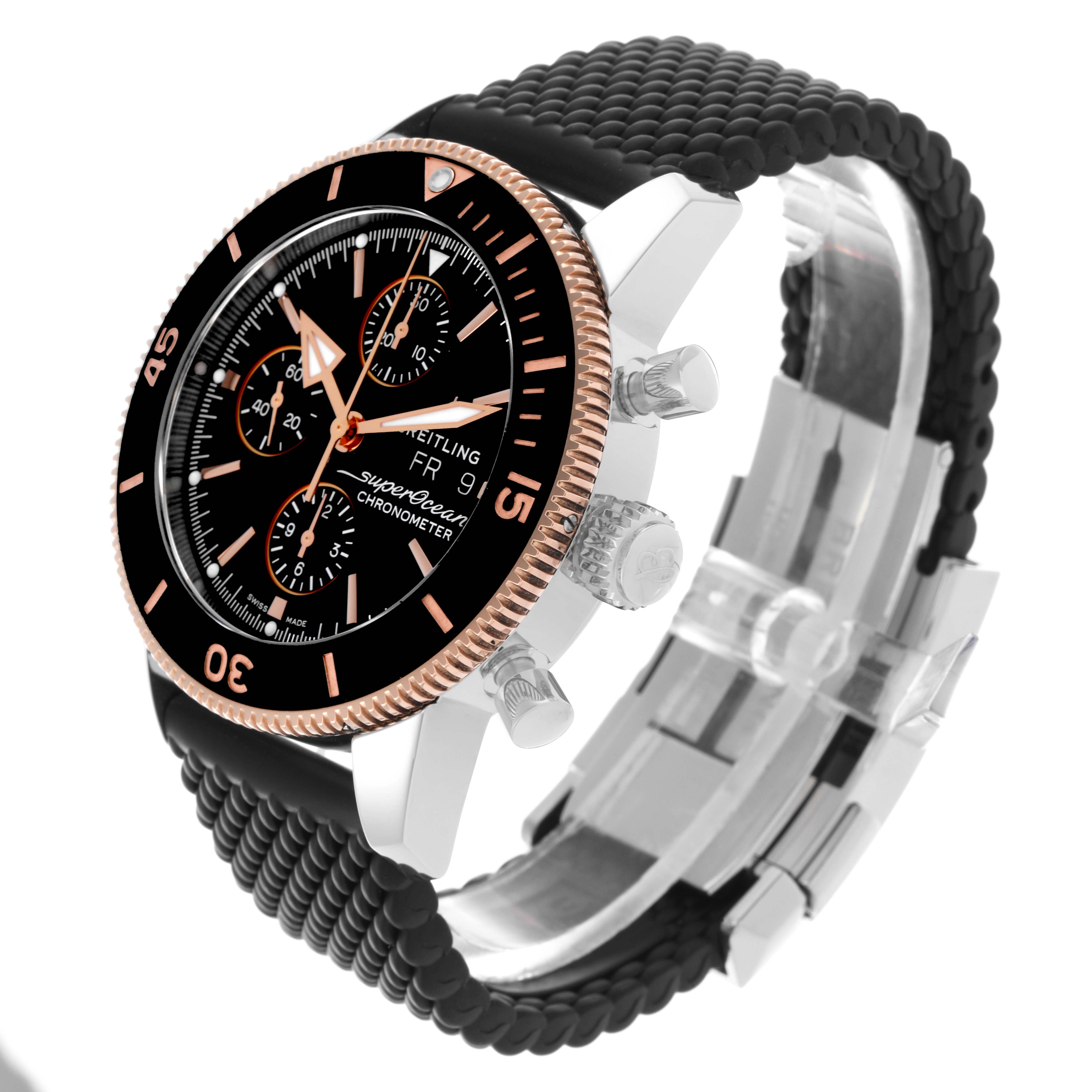 The Breitling Superocean U13313 Men's Steel and Gold (two tone) Black Dial U13313 Men's Steel and Gold (two tone) Black Dial watch is shown at a side angle, highlighting the bezel, crown, pushers, dial, and textured strap.