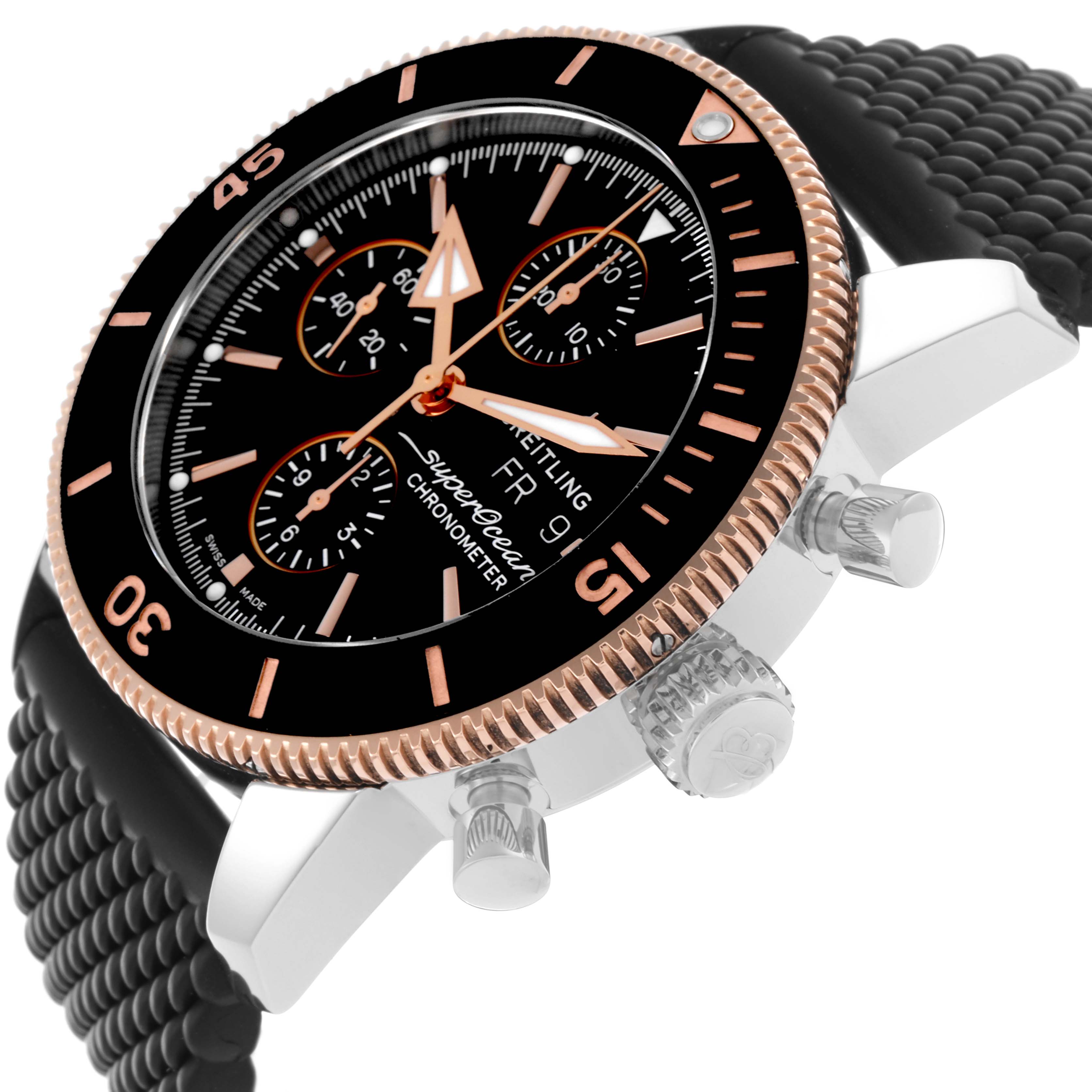 The Breitling Superocean U13313 Men's Steel and Gold (two tone) Black Dial U13313 Men's Steel and Gold (two tone) Black Dial watch is shown at an angle highlighting the bezel, chronograph dials, crown, and side buttons.