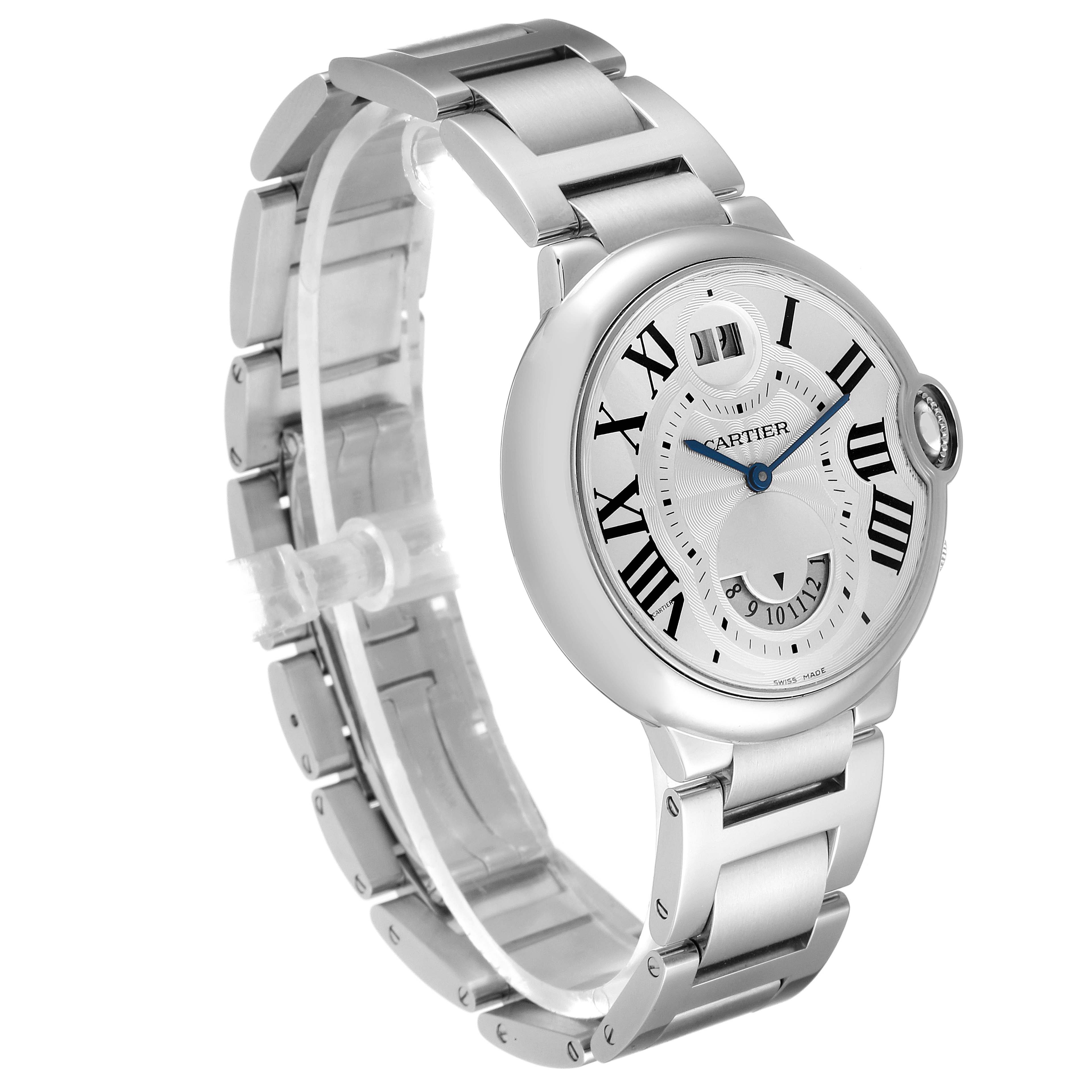 This image shows the Cartier Ballon Bleu W6920011 Men
s Stainless Steel Silver Dial W6920011 Men
s Stainless Steel Silver Dial watch from a three-quarter angle, highlighting the dial, bracelet, and crown.