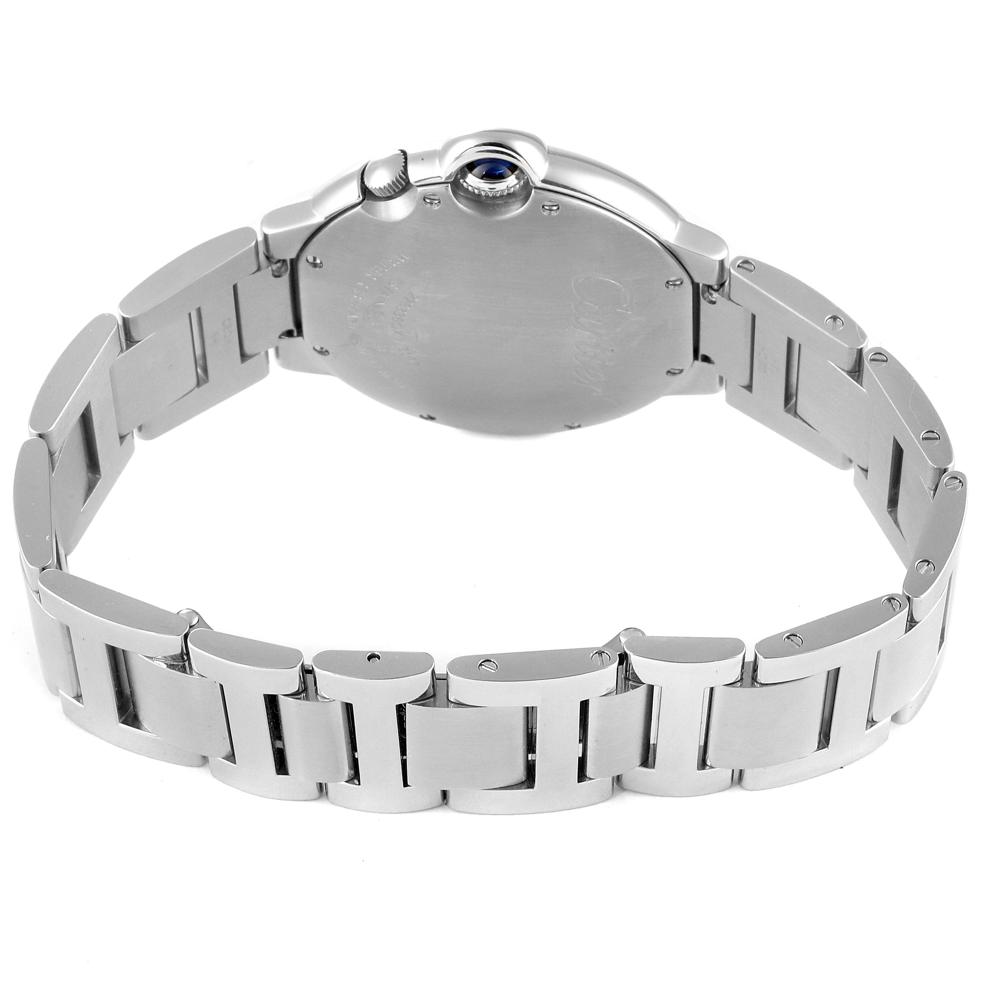 This image shows the back and side of the Cartier Ballon Bleu W6920011 Men
s Stainless Steel Silver Dial W6920011 Men
s Stainless Steel Silver Dial watch, highlighting the case back and part of the bracelet.