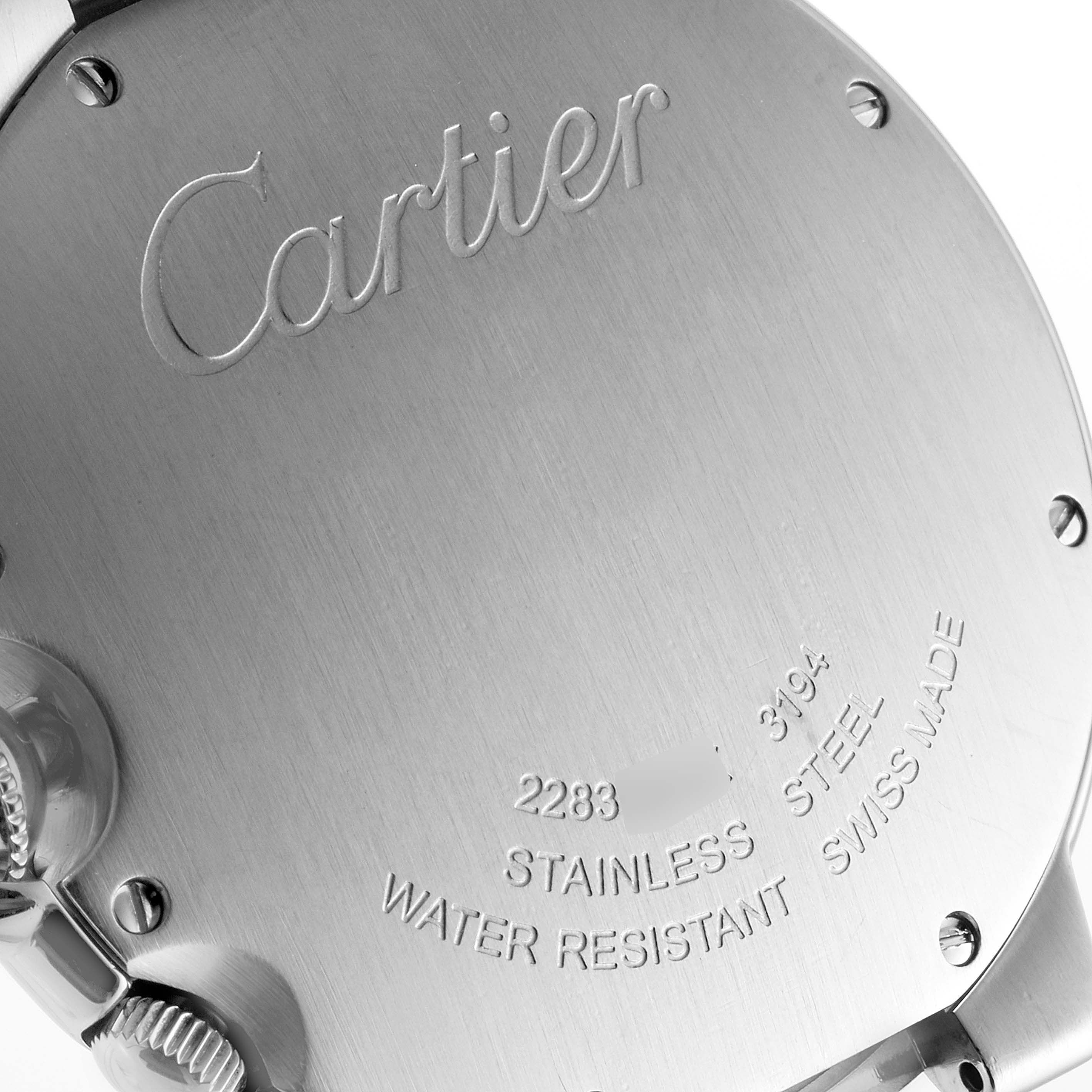 This image shows the back case of a Cartier Ballon Bleu W6920011 Men
s Stainless Steel Silver Dial W6920011 Men
s Stainless Steel Silver Dial watch, highlighting its engraving and water-resistant feature.