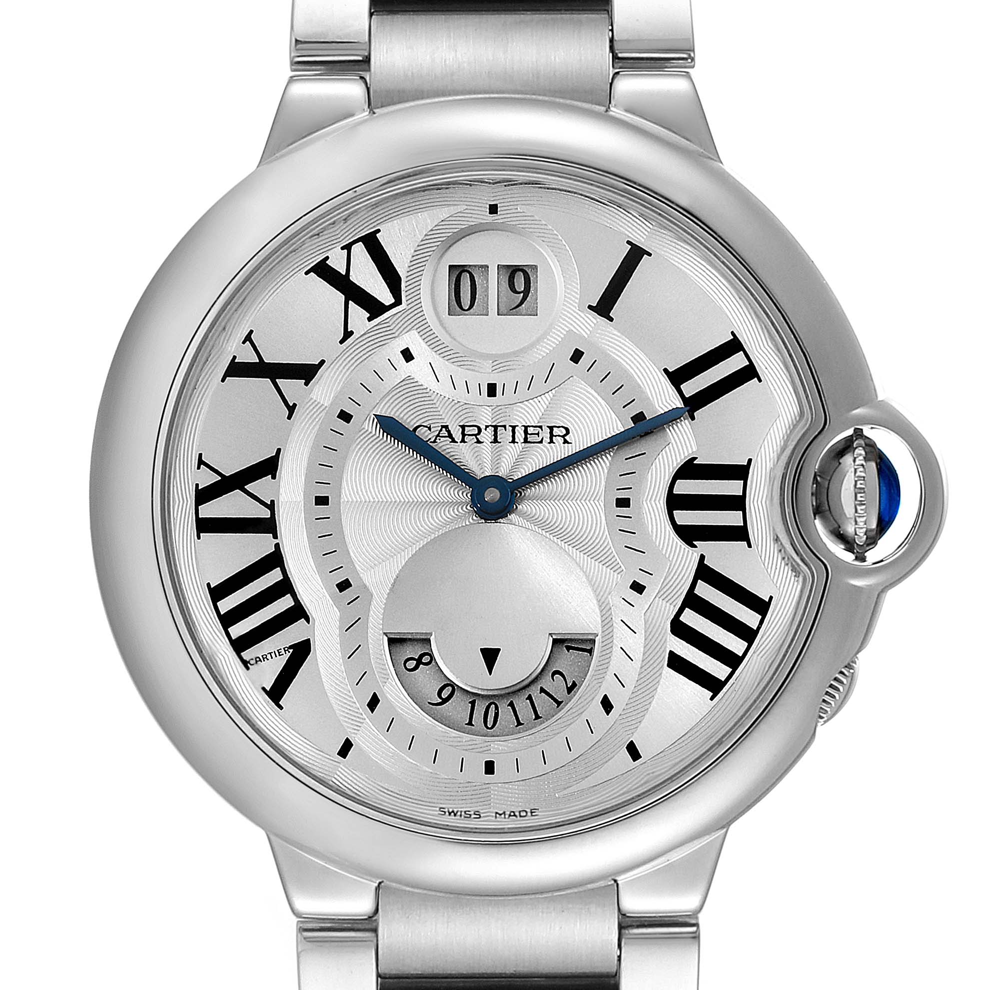 The image shows a frontal view of the Cartier Ballon Bleu W6920011 Men
s Stainless Steel Silver Dial W6920011 Men
s Stainless Steel Silver Dial watch, highlighting its dial, crown, and bracelet.