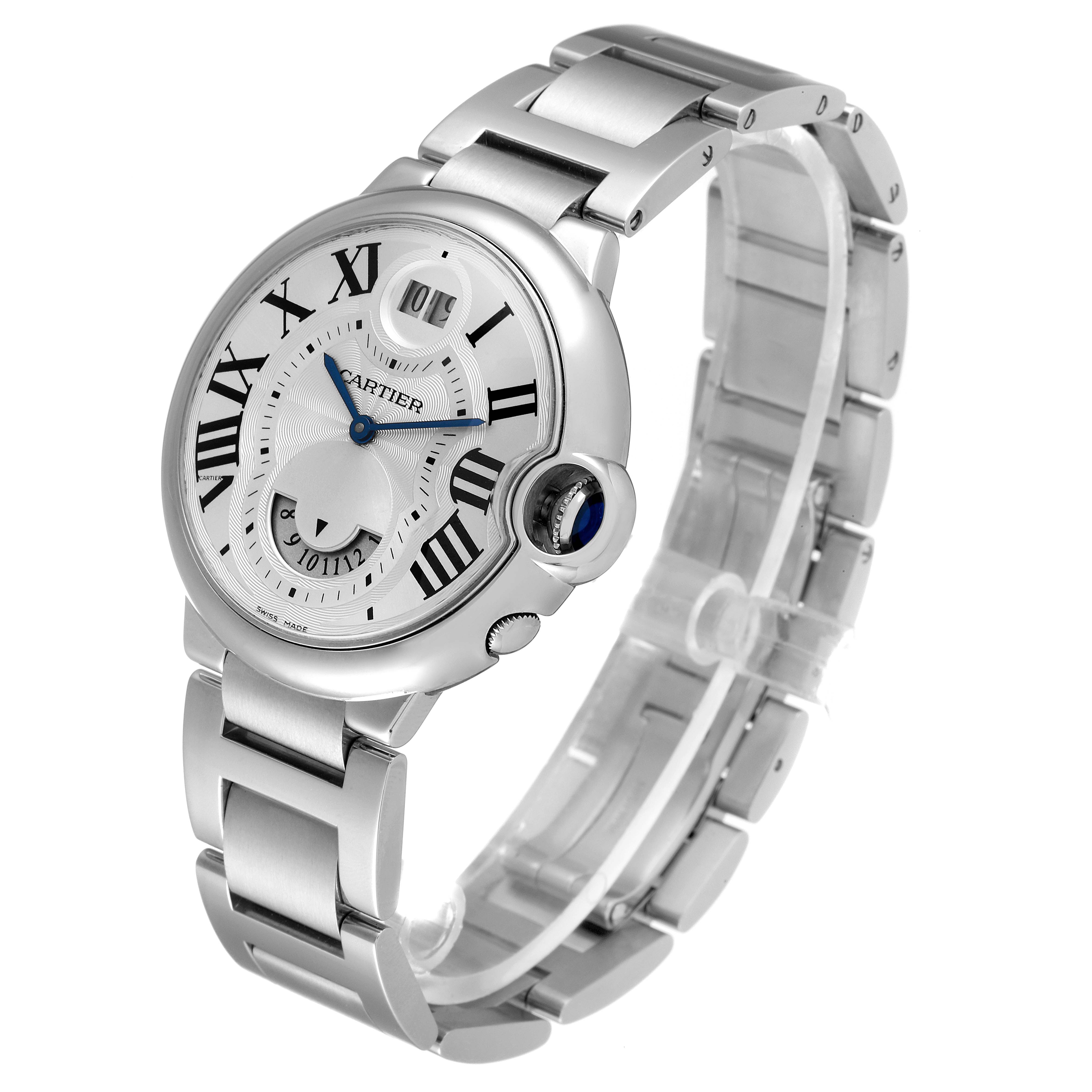 The image shows a Cartier Ballon Bleu W6920011 Men
s Stainless Steel Silver Dial W6920011 Men
s Stainless Steel Silver Dial watch, angled to display its face, crown, and metal bracelet.