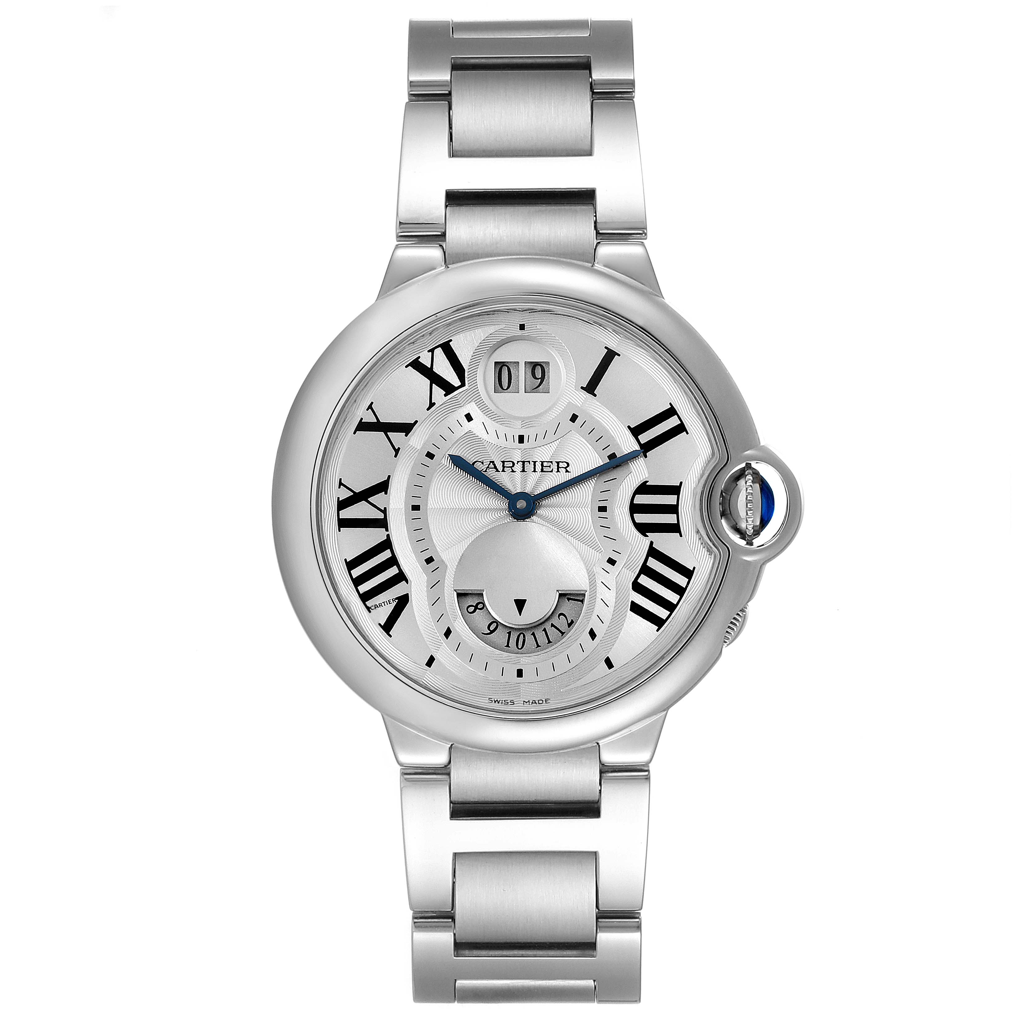 The image shows a front view of a Cartier Ballon Bleu W6920011 Men
s Stainless Steel Silver Dial W6920011 Men
s Stainless Steel Silver Dial watch, capturing its face, Roman numerals, and metal bracelet.