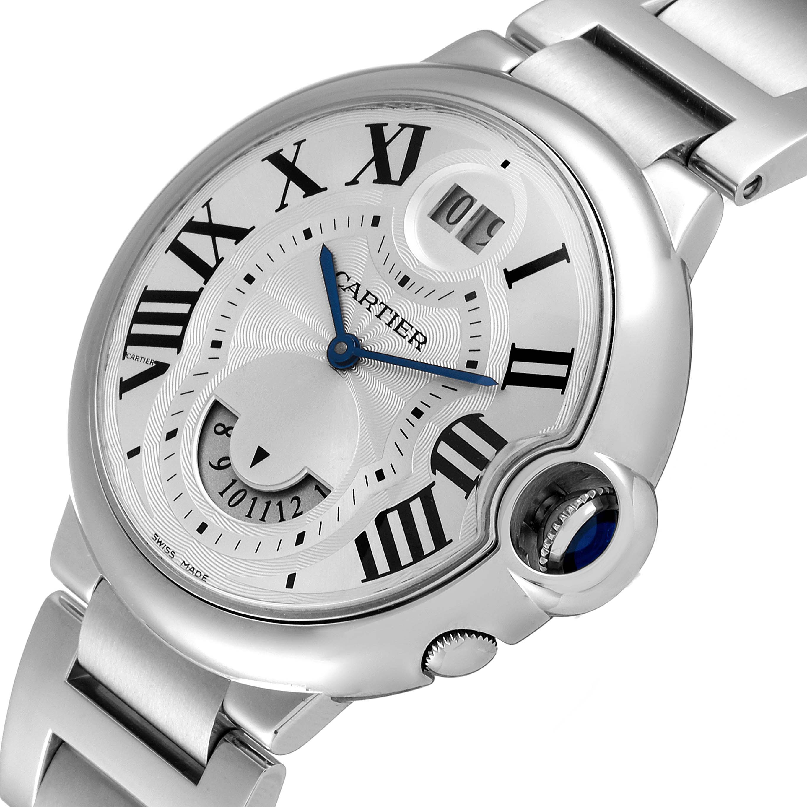 This image shows a close-up of the face and part of the bracelet of a Cartier Ballon Bleu W6920011 Men
s Stainless Steel Silver Dial W6920011 Men
s Stainless Steel Silver Dial watch.