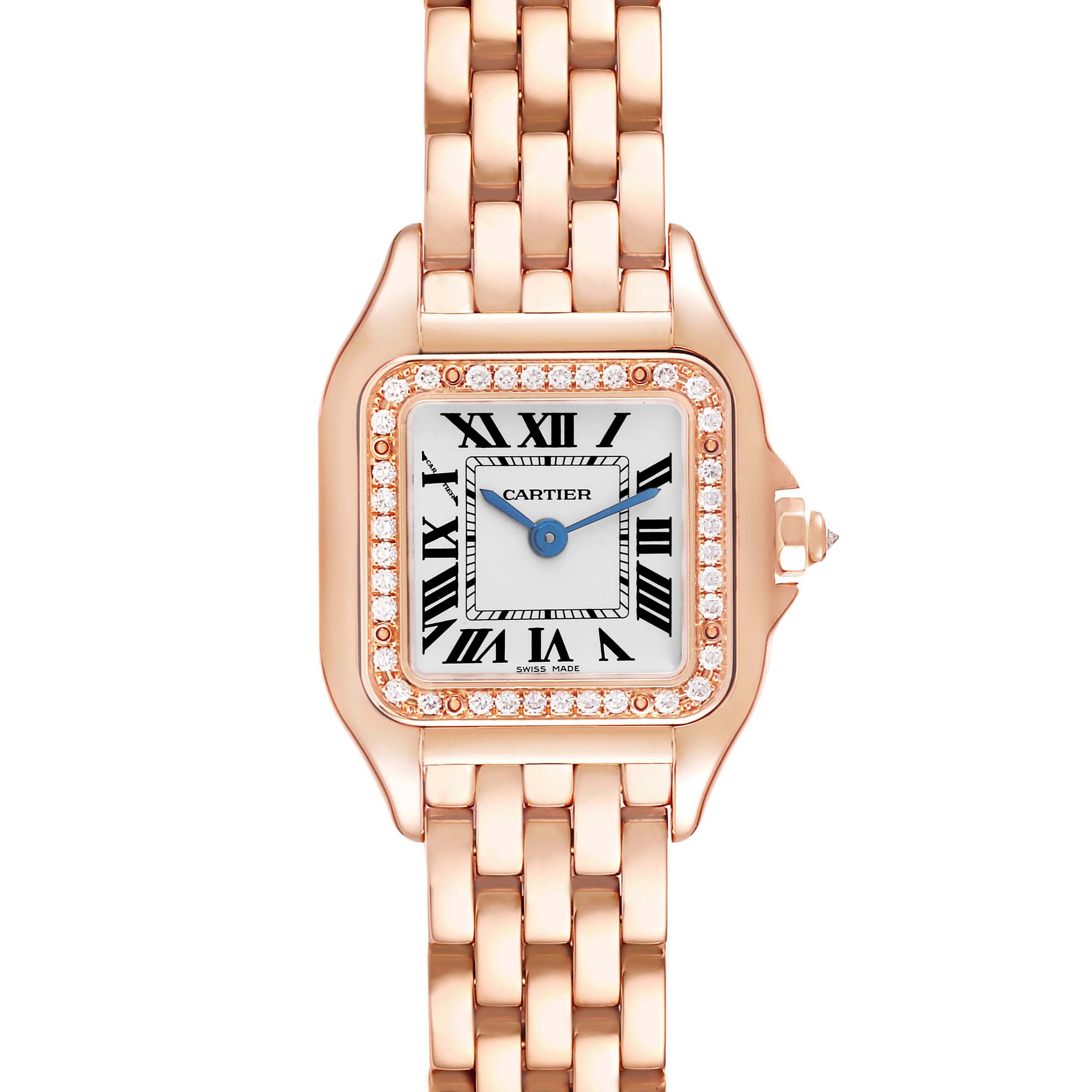 The Cartier Panthere WJPN0008 Women
s Rose Gold Silver Dial WJPN0008 Women
s Rose Gold Silver Dial watch is shown from the front, displaying its square face, Roman numerals, diamond bezel, and linked bracelet.