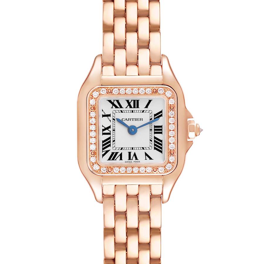 The Cartier Panthere watch is shown from the front, displaying its square face, Roman numerals, diamond bezel, and linked bracelet.