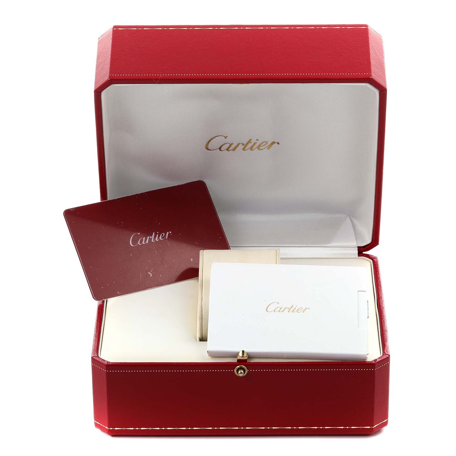 The image shows a Cartier Panthere WJPN0008 Women
s Rose Gold Silver Dial WJPN0008 Women
s Rose Gold Silver Dial watch
s red box, with branded cards and documents inside.