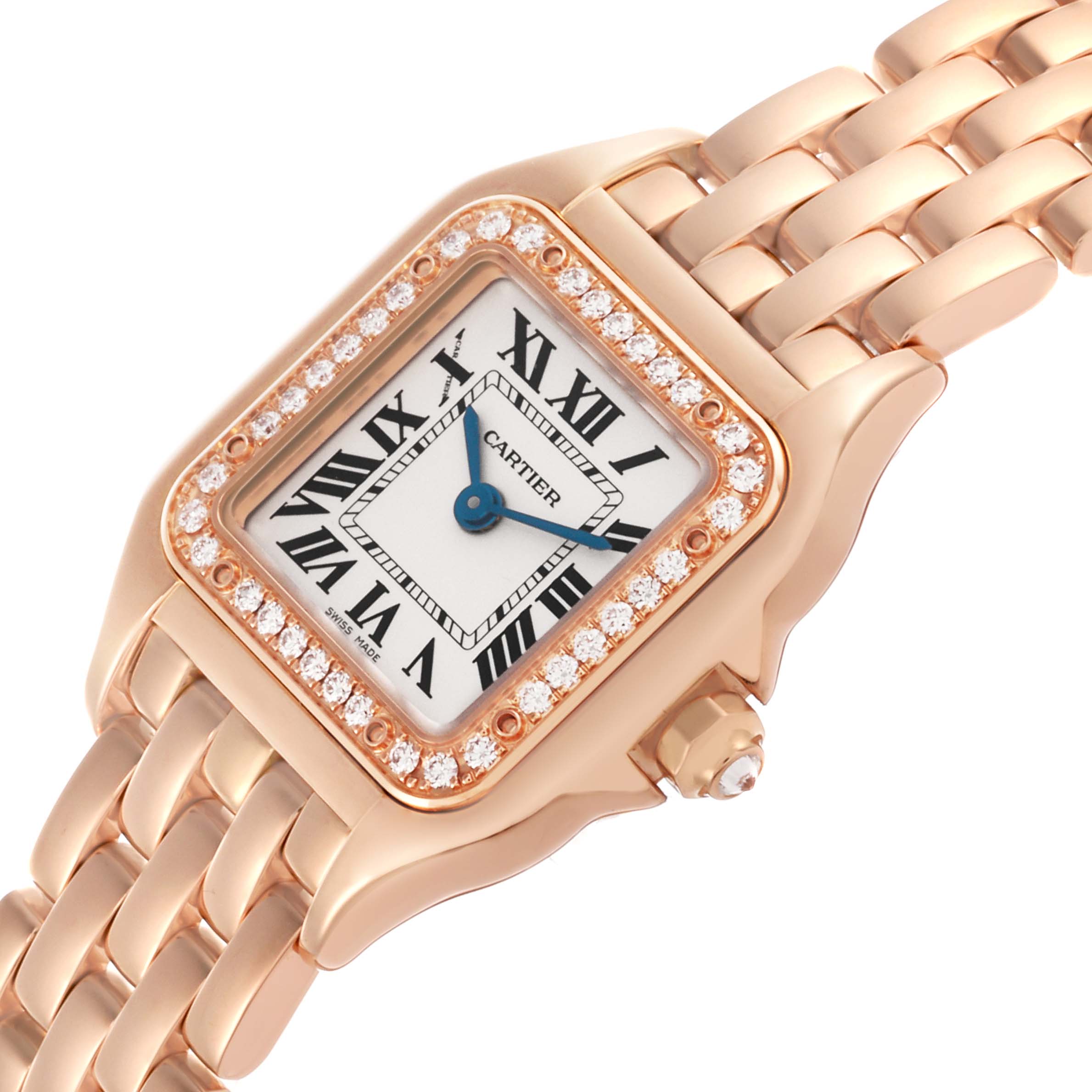 The Cartier Panthere WJPN0008 Women
s Rose Gold Silver Dial WJPN0008 Women
s Rose Gold Silver Dial watch is shown at an angled view highlighting the square face, diamond bezel, and rose gold bracelet.