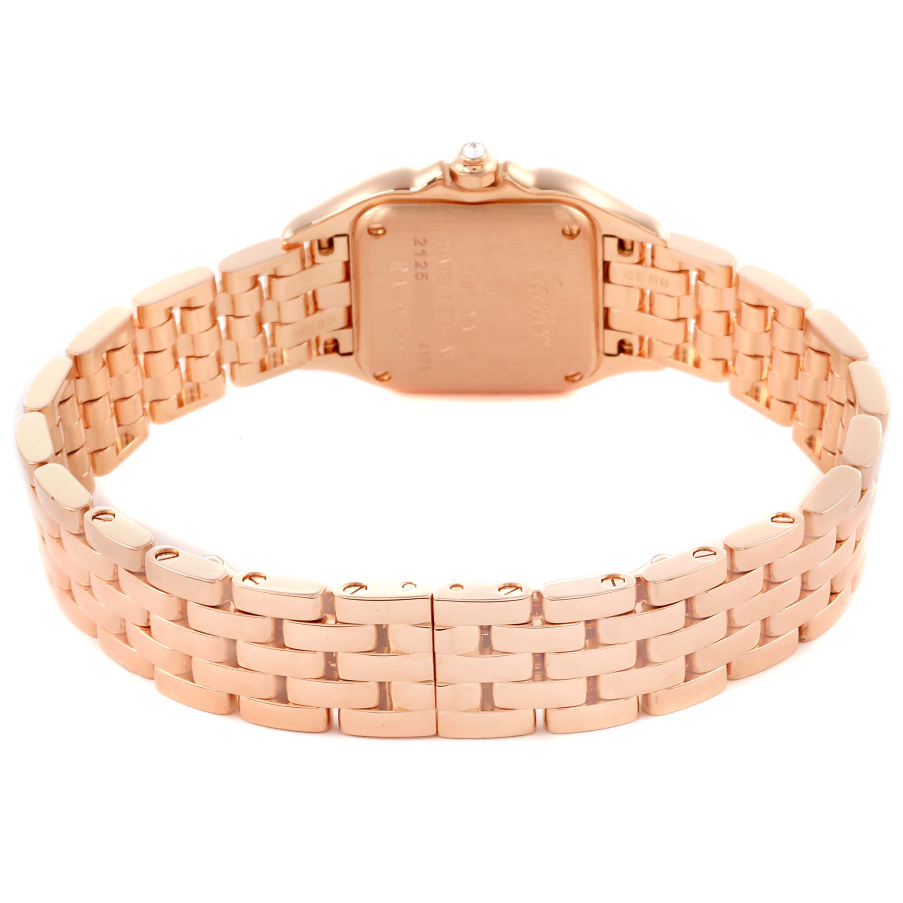 The Cartier Panthere WJPN0008 Women
s Rose Gold Silver Dial WJPN0008 Women
s Rose Gold Silver Dial watch is shown from the back, highlighting the case back and metal bracelet.