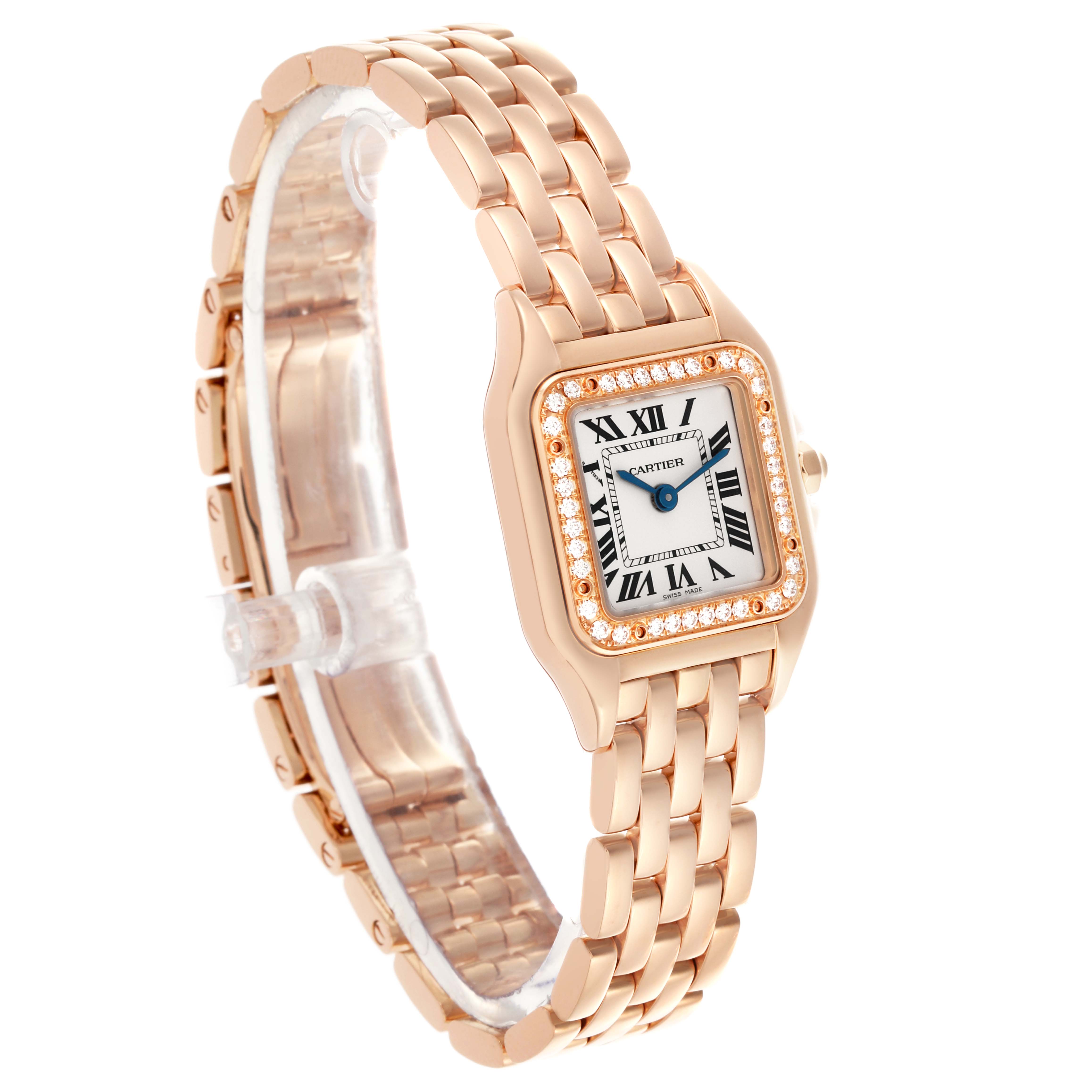 The Cartier Panthère watch is shown at a side angle, highlighting the rose gold bracelet and diamond-encrusted square case.