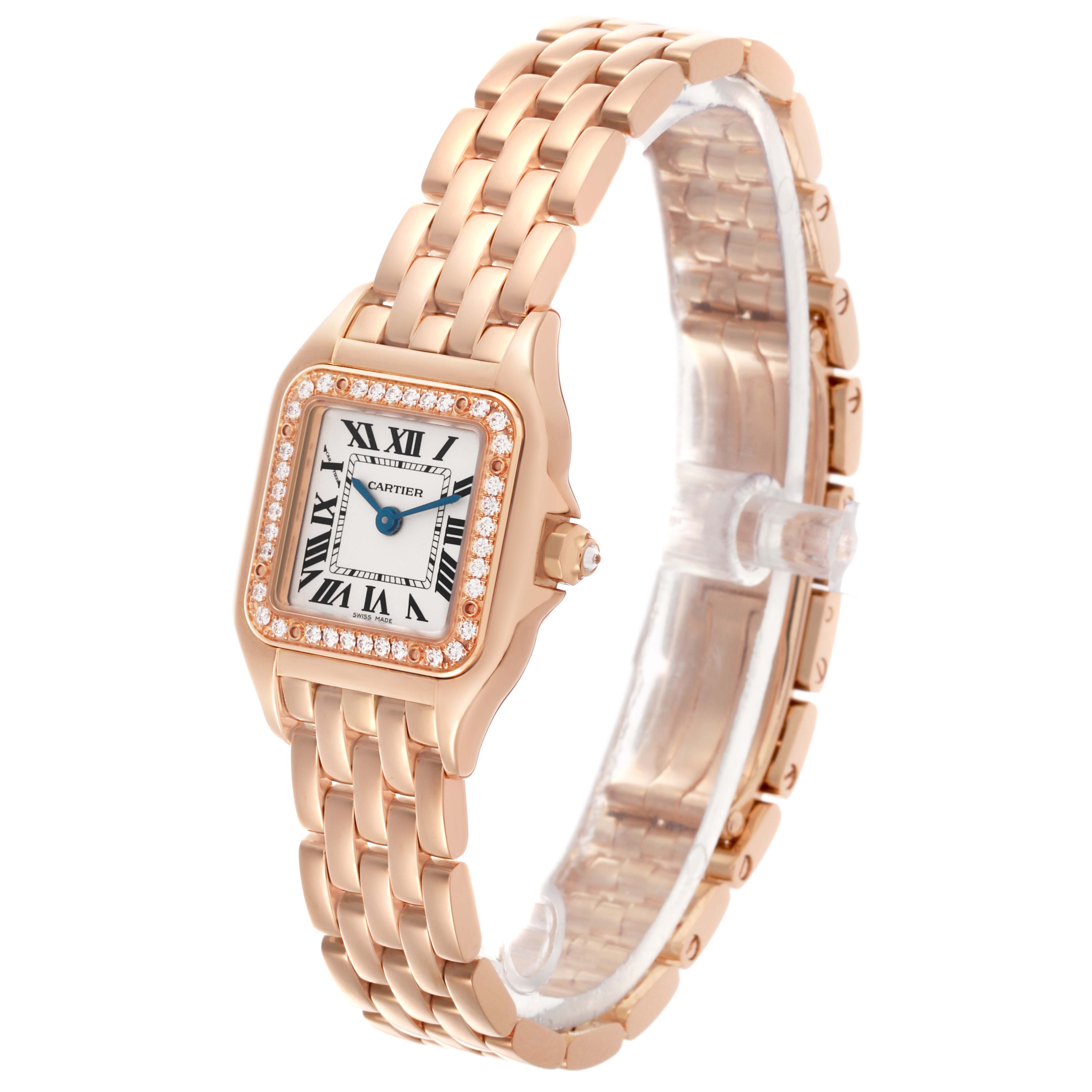 The Cartier Panthere WJPN0008 Women
s Rose Gold Silver Dial WJPN0008 Women
s Rose Gold Silver Dial watch is shown at an angled side view, featuring its face, bezel, and metal bracelet.