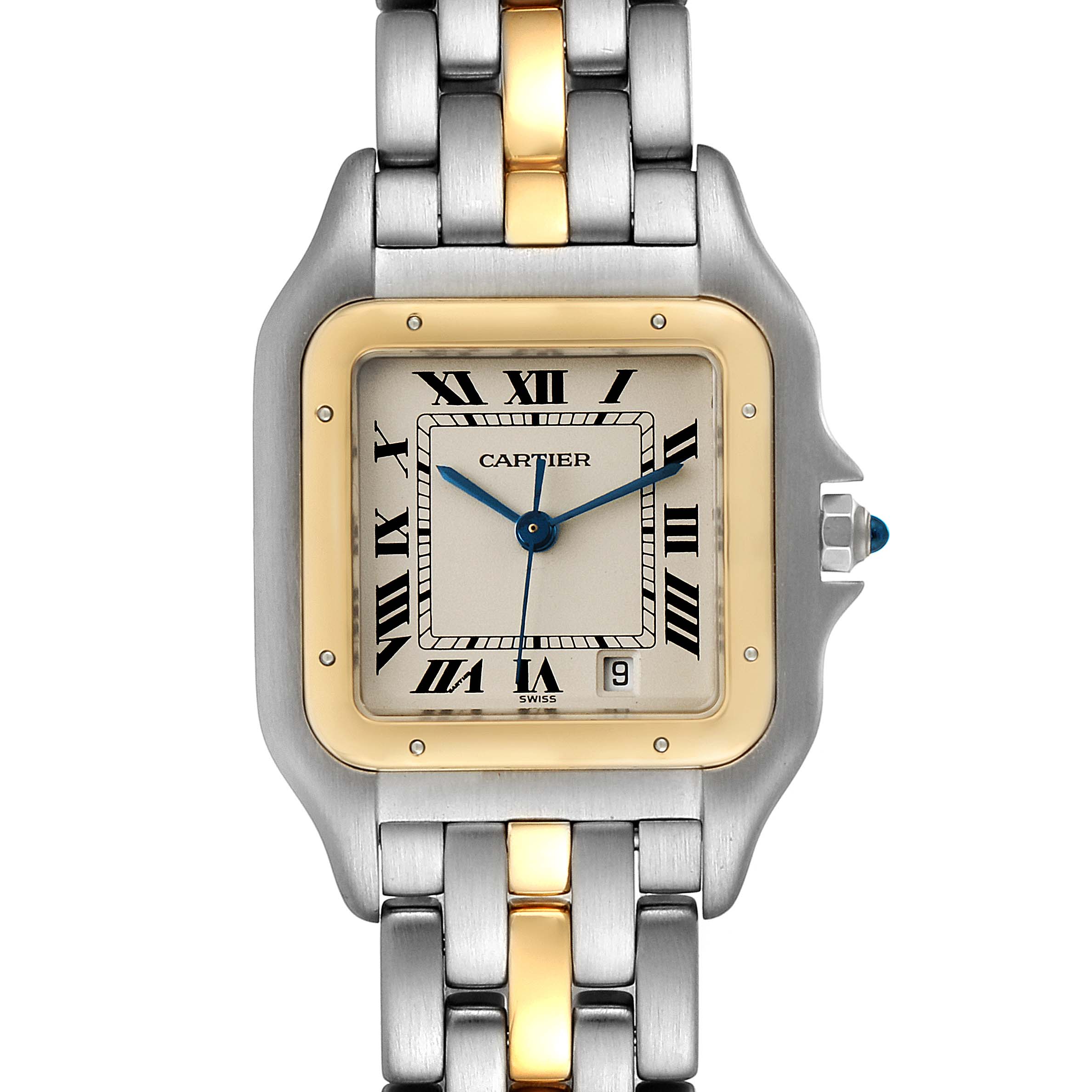 This Cartier Panthere W25028B5 Women
s Steel and Gold (two tone) Silver Dial W25028B5 Women
s Steel and Gold (two tone) Silver Dial model watch is shown from a front-facing angle, displaying the face, bezel, and part of the bracelet.