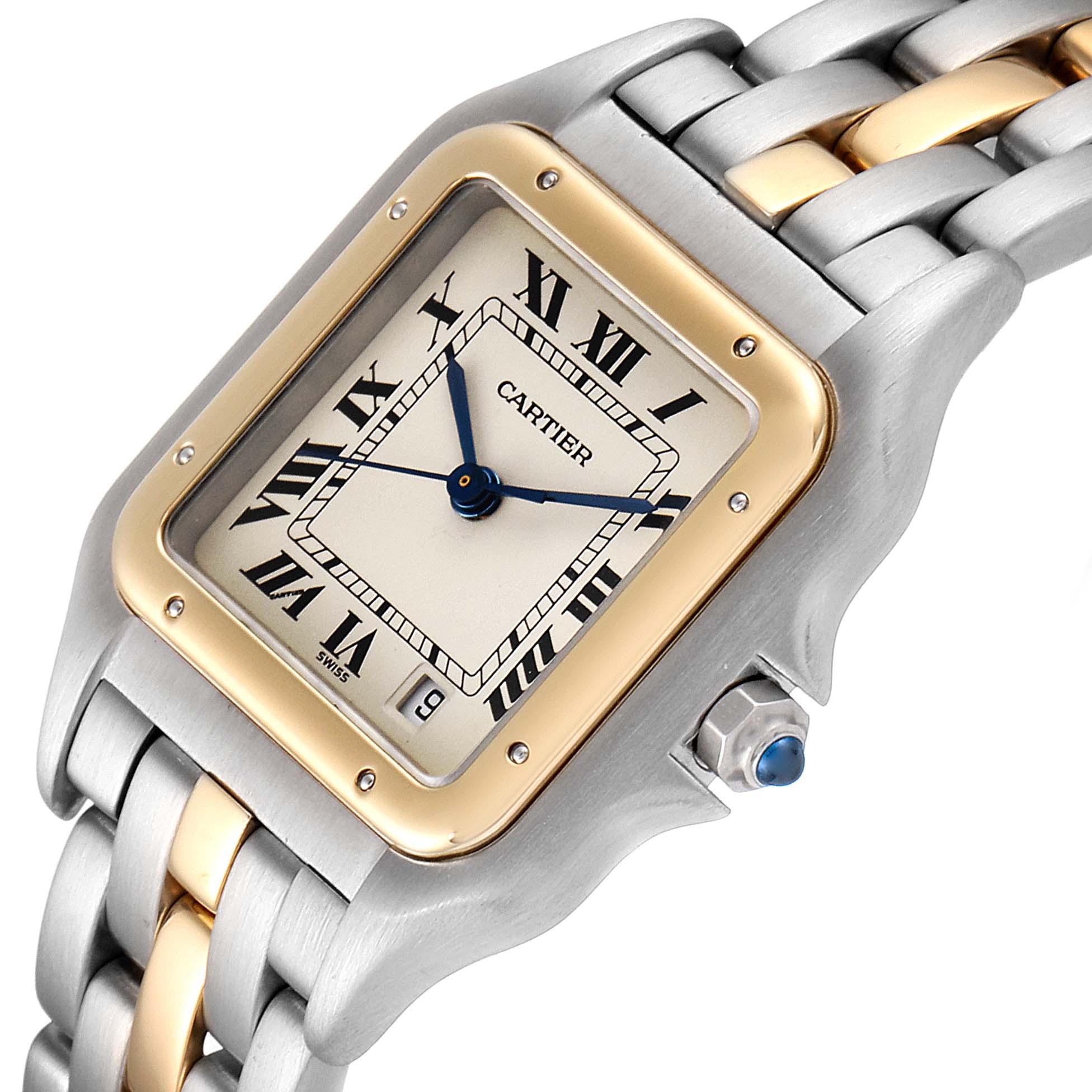 The image shows the face, bezel, and part of the bracelet of the Cartier Panthere W25028B5 Women
s Steel and Gold (two tone) Silver Dial W25028B5 Women
s Steel and Gold (two tone) Silver Dial watch at an angled view.