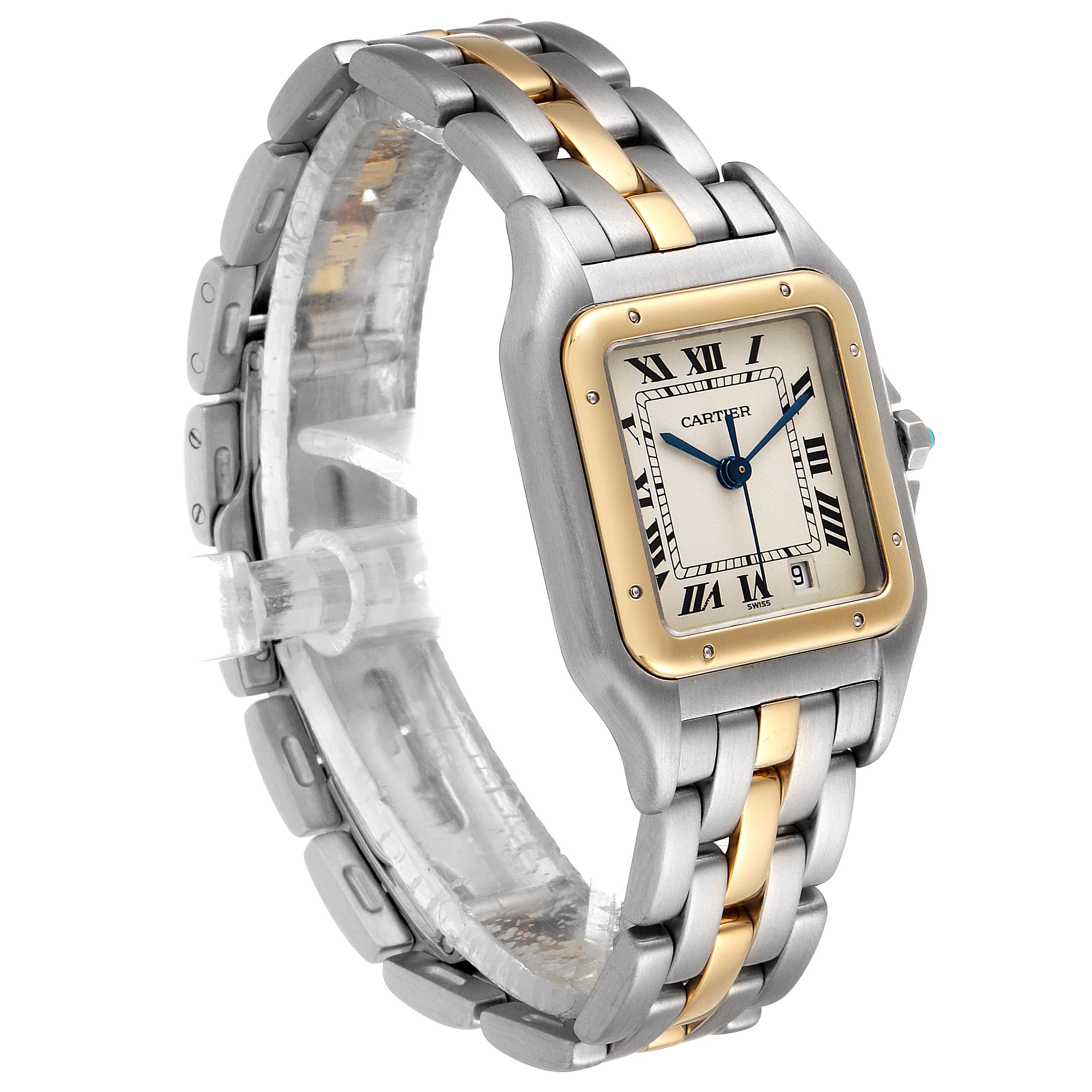 This image shows a Panthere de Cartier watch at a slight angle, highlighting its two-tone steel and gold bracelet and square face with Roman numerals.