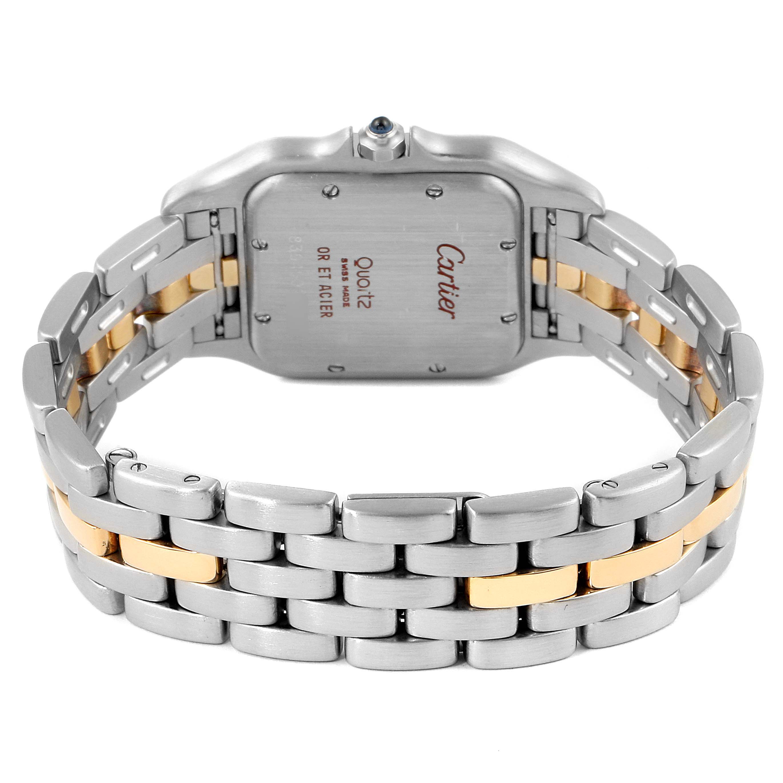 The image shows the back and wristband of a Cartier Panthere W25028B5 Women
s Steel and Gold (two tone) Silver Dial W25028B5 Women
s Steel and Gold (two tone) Silver Dial watch, highlighting the clasp and two-tone metal bracelet.