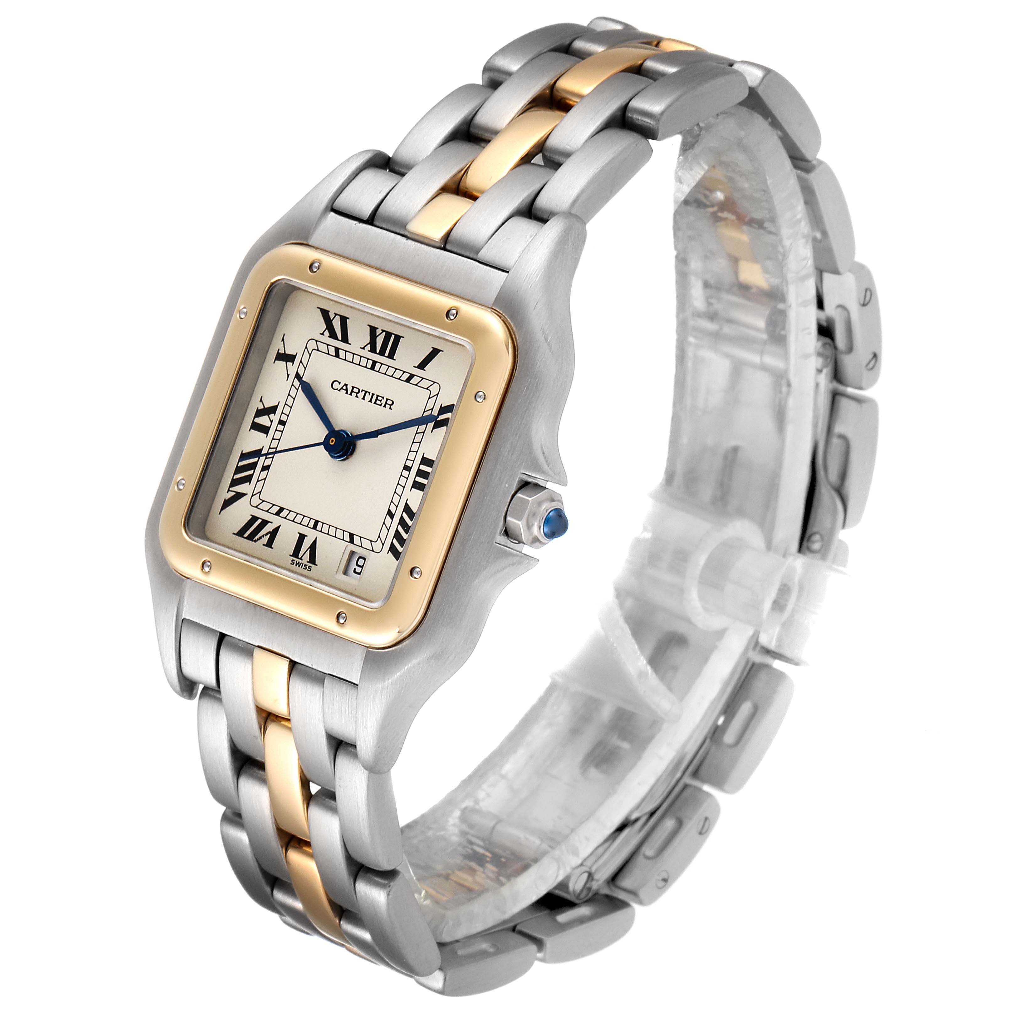 The image shows a side angle of the Cartier Panthere W25028B5 Women
s Steel and Gold (two tone) Silver Dial W25028B5 Women
s Steel and Gold (two tone) Silver Dial watch displaying its face, bezel, and two-tone bracelet.