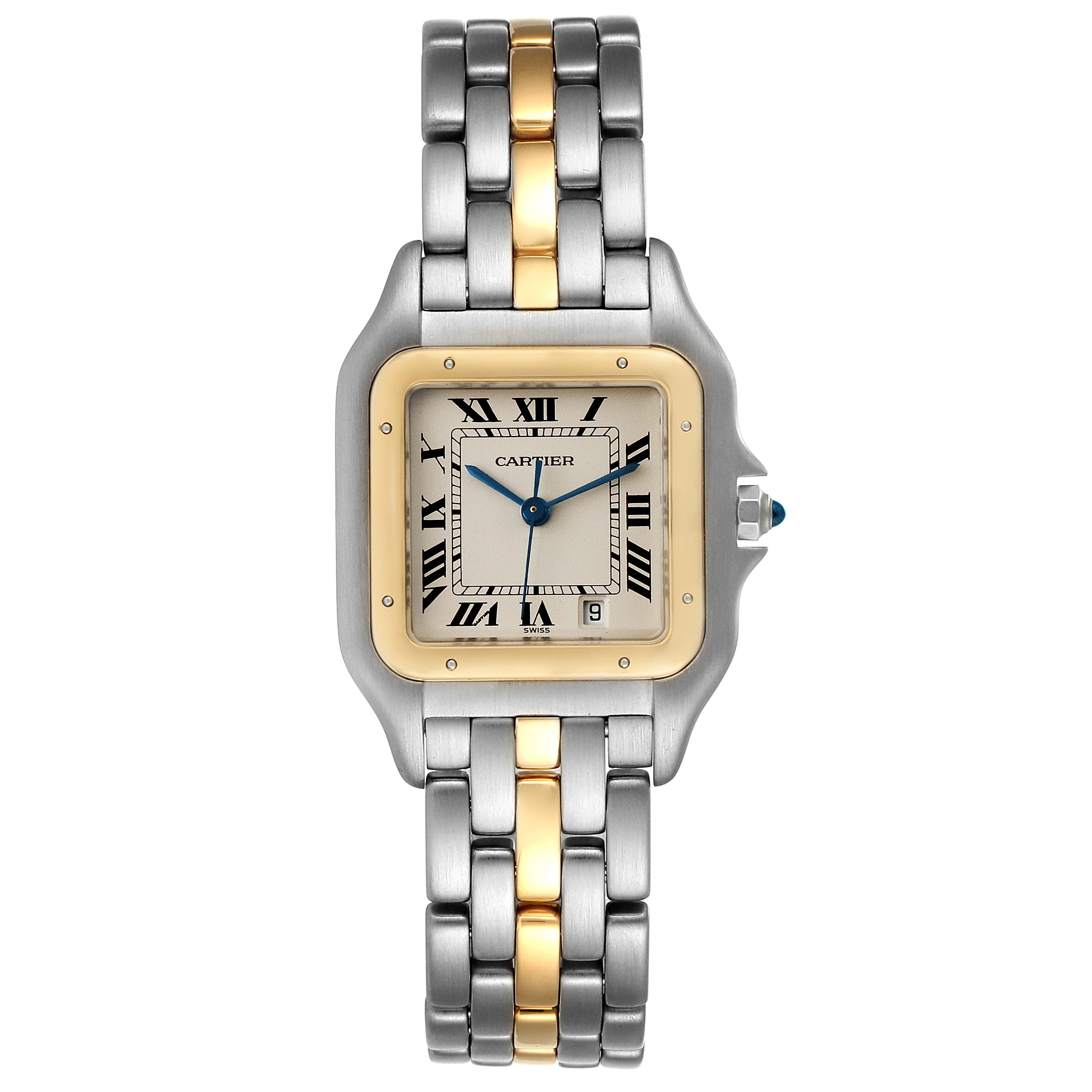 The image shows a Panthère de Cartier watch, displaying the front face, bracelet, crown, and clasp in a straight-on angle.