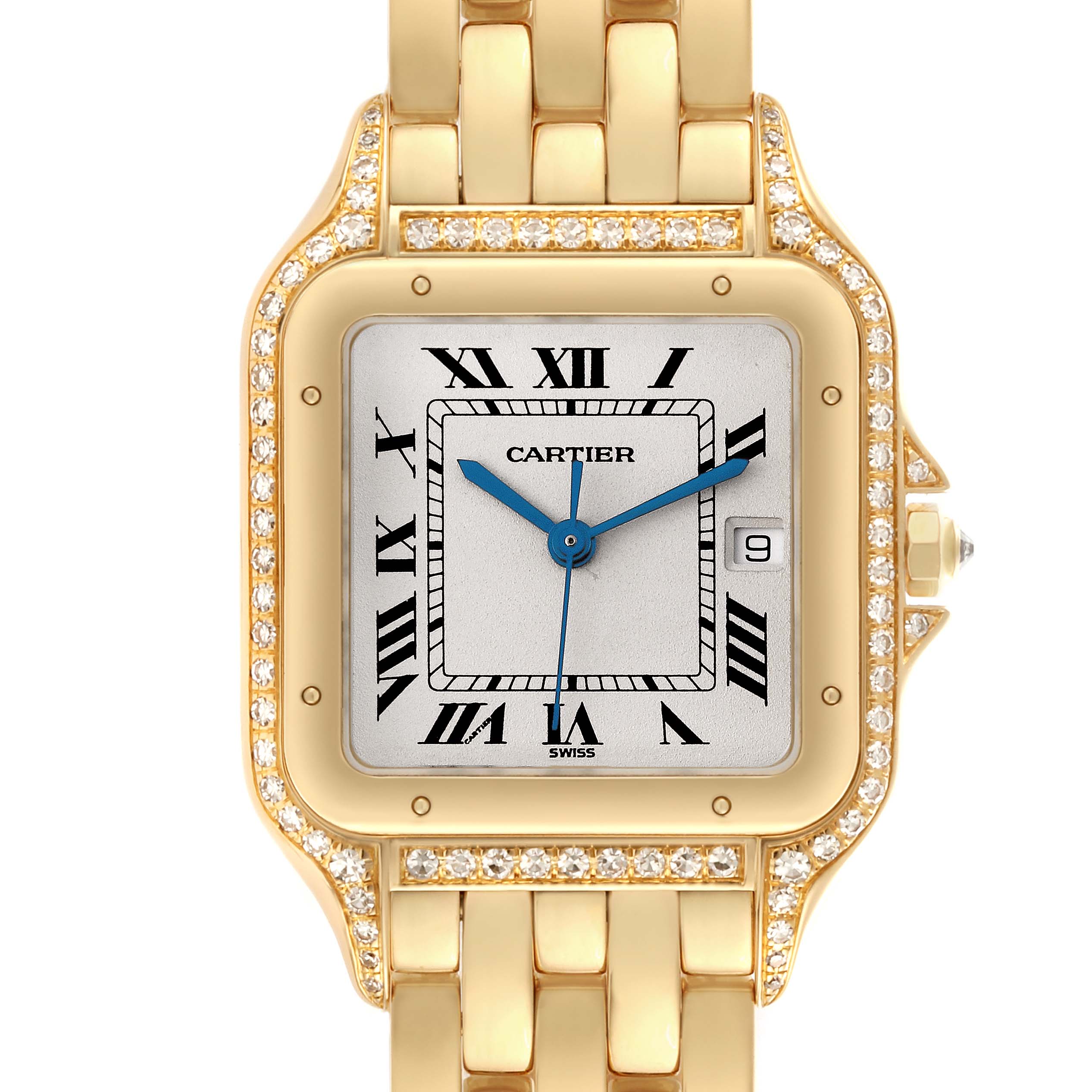 The Cartier Panthere 883969 Men's Yellow Gold Silver Dial 883969 Men's Yellow Gold Silver Dial watch is shown from the front, highlighting the face, bezel with diamonds, and part of the bracelet.