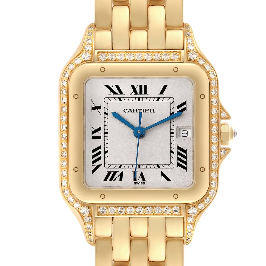 The Cartier Panthere watch is shown from the front, highlighting the face, bezel with diamonds, and part of the bracelet.