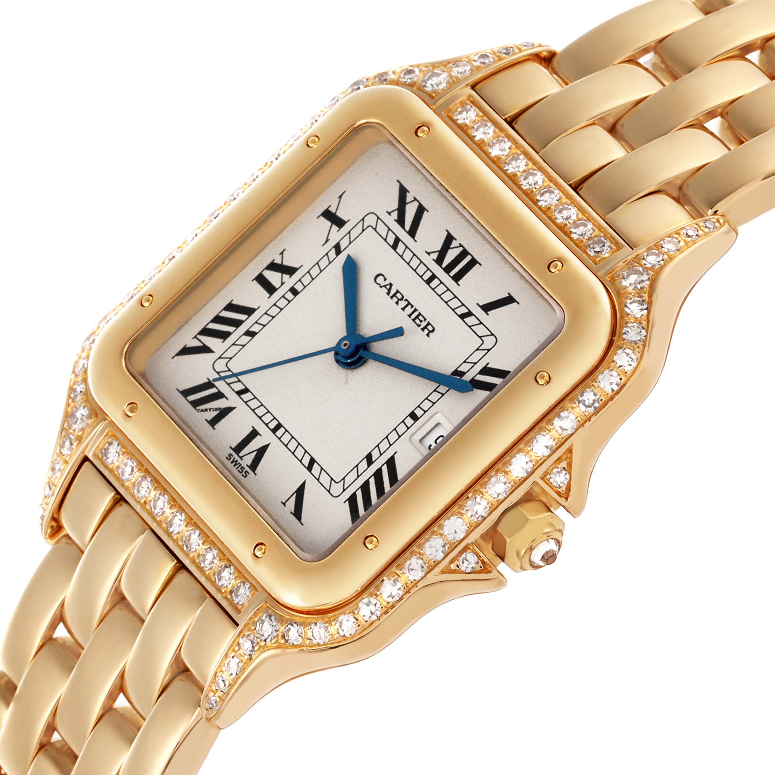 The Cartier Panthère watch is shown at an angled view, highlighting the gold bracelet, diamond-set bezel, and Roman numeral dial.