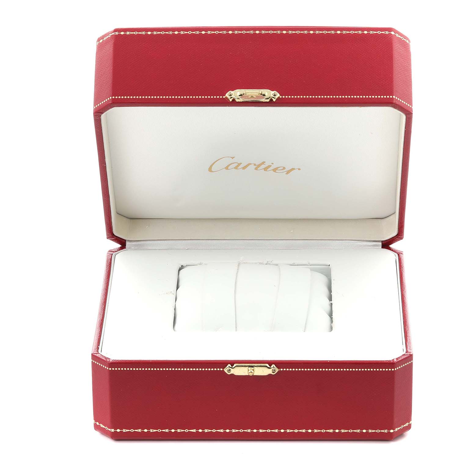 The image shows an open Cartier watch box, possibly for the Panthere model, with a red exterior and white interior.