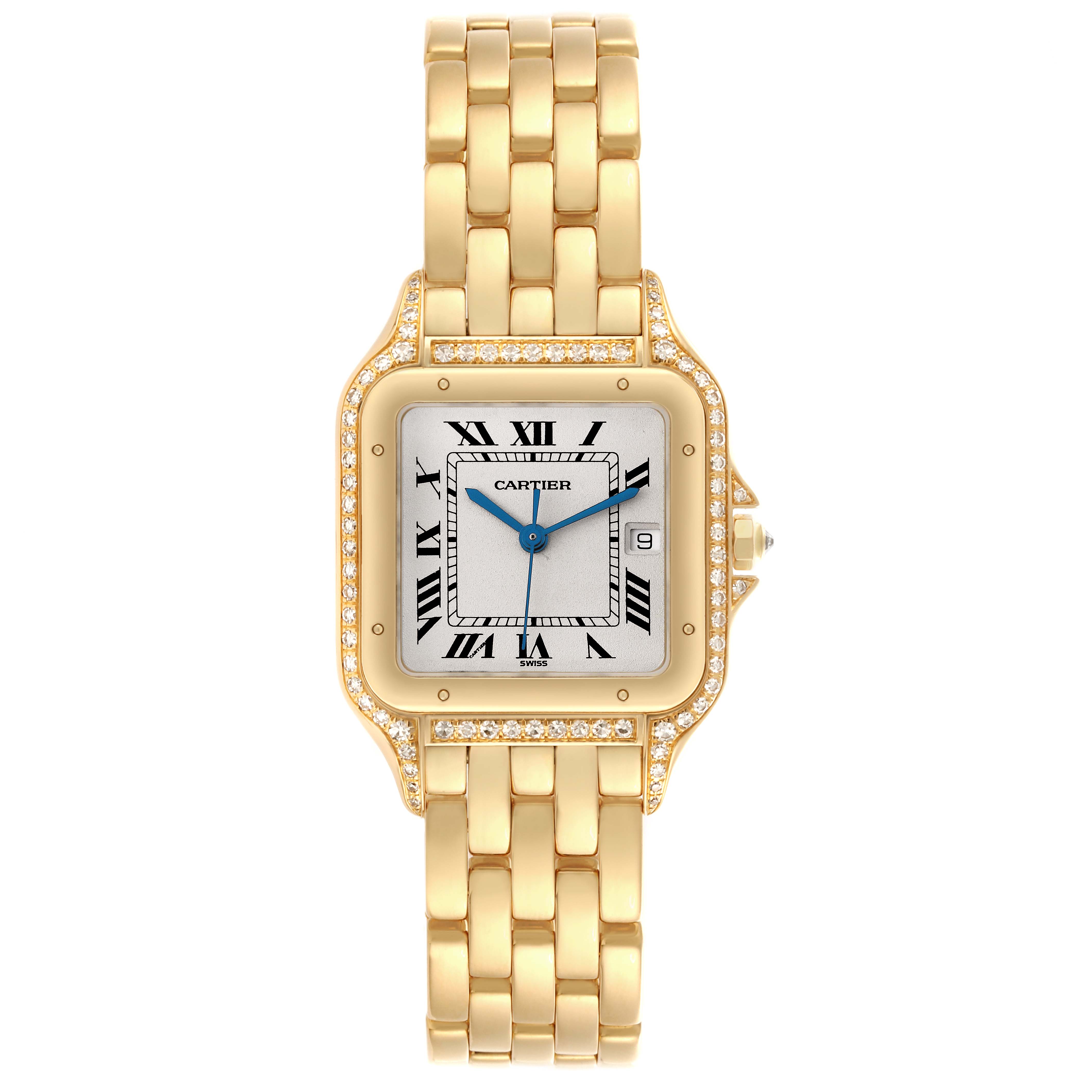 The Cartier Panthere 883969 Men's Yellow Gold Silver Dial 883969 Men's Yellow Gold Silver Dial watch is shown from the front, highlighting its gold bracelet, diamond bezel, and square face with Roman numerals.
