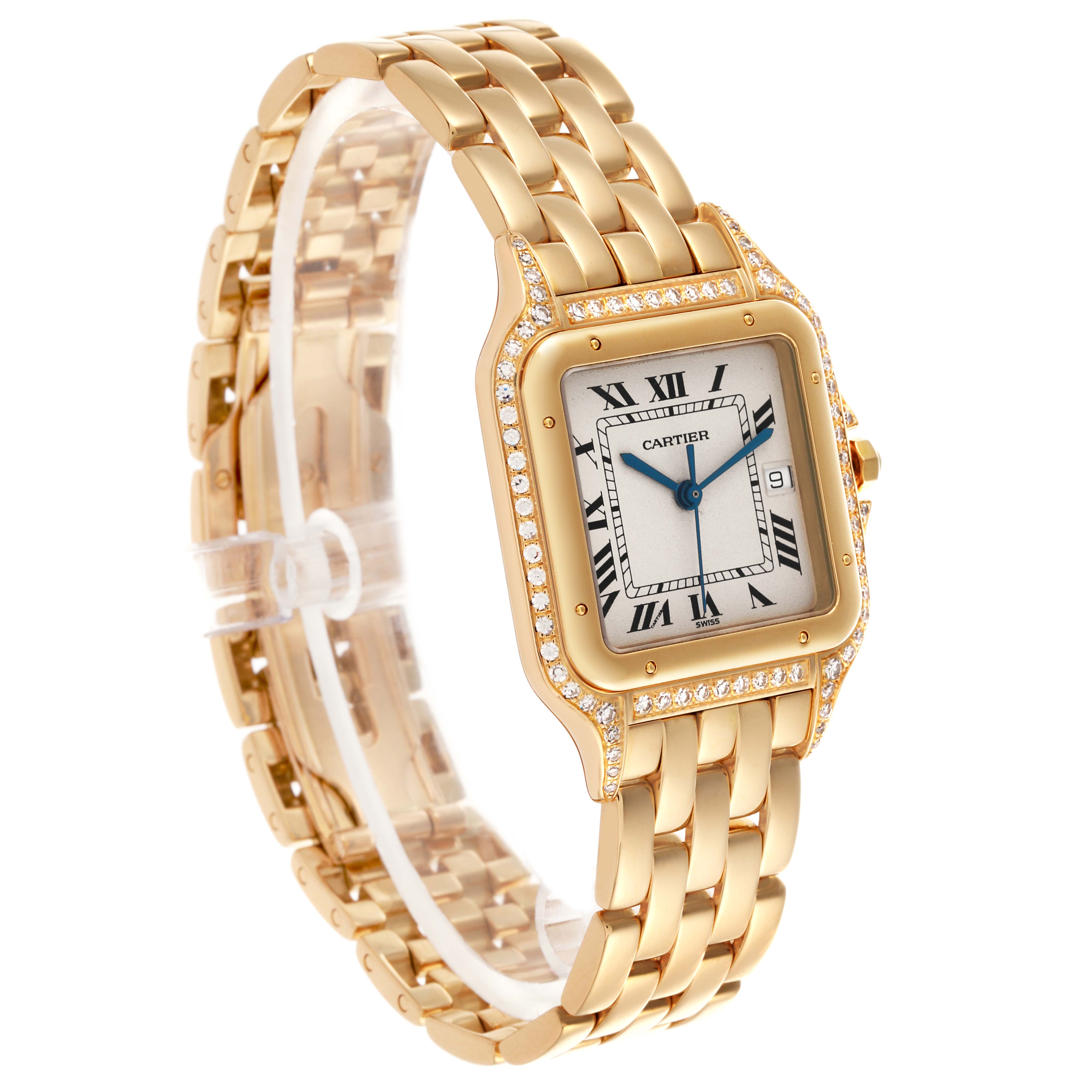 The Cartier Panthère watch is shown at a slight angle, showcasing its gold bracelet, diamond-set bezel, and Roman numeral dial.