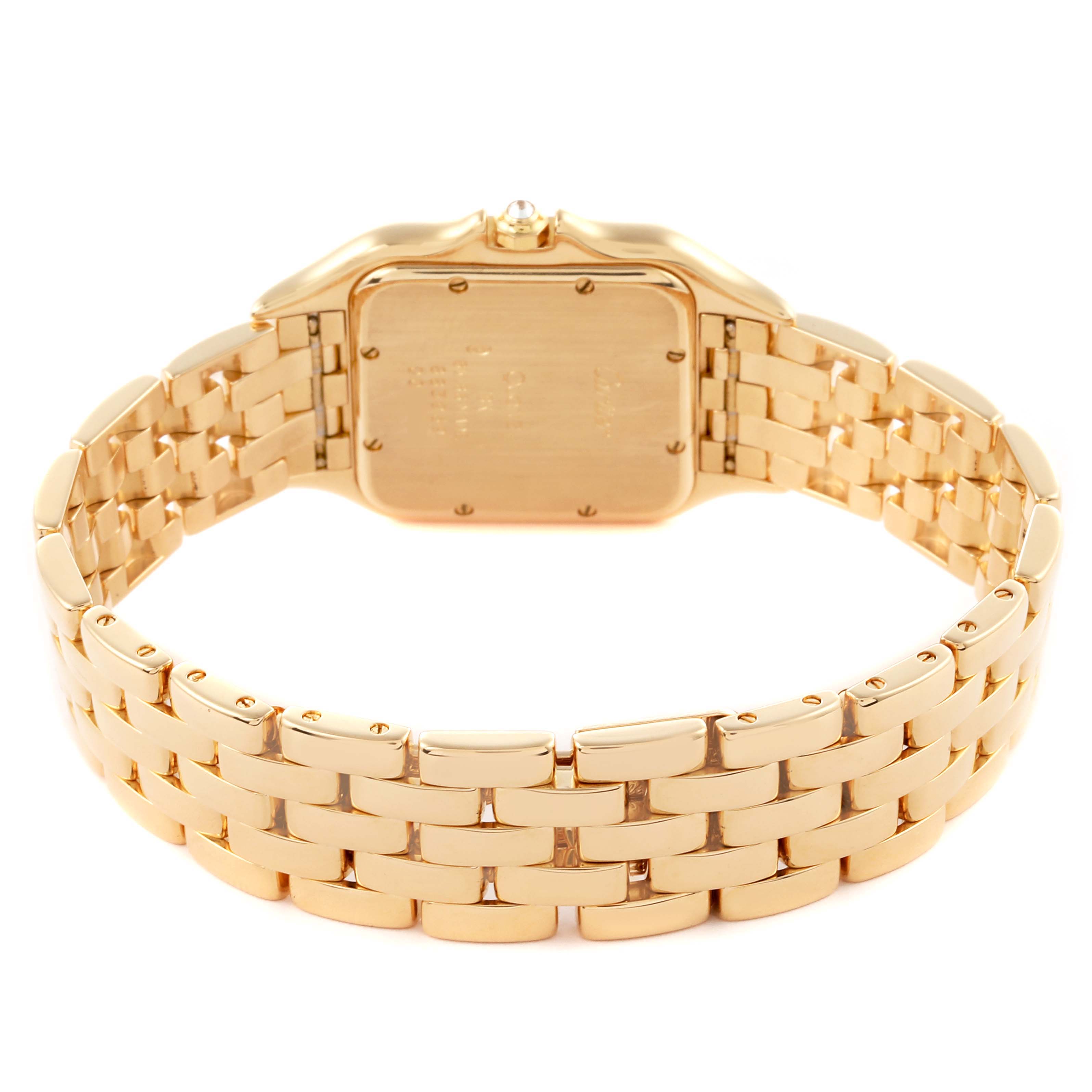 The image shows the back view of a Panthère de Cartier watch, highlighting its case back and gold bracelet.