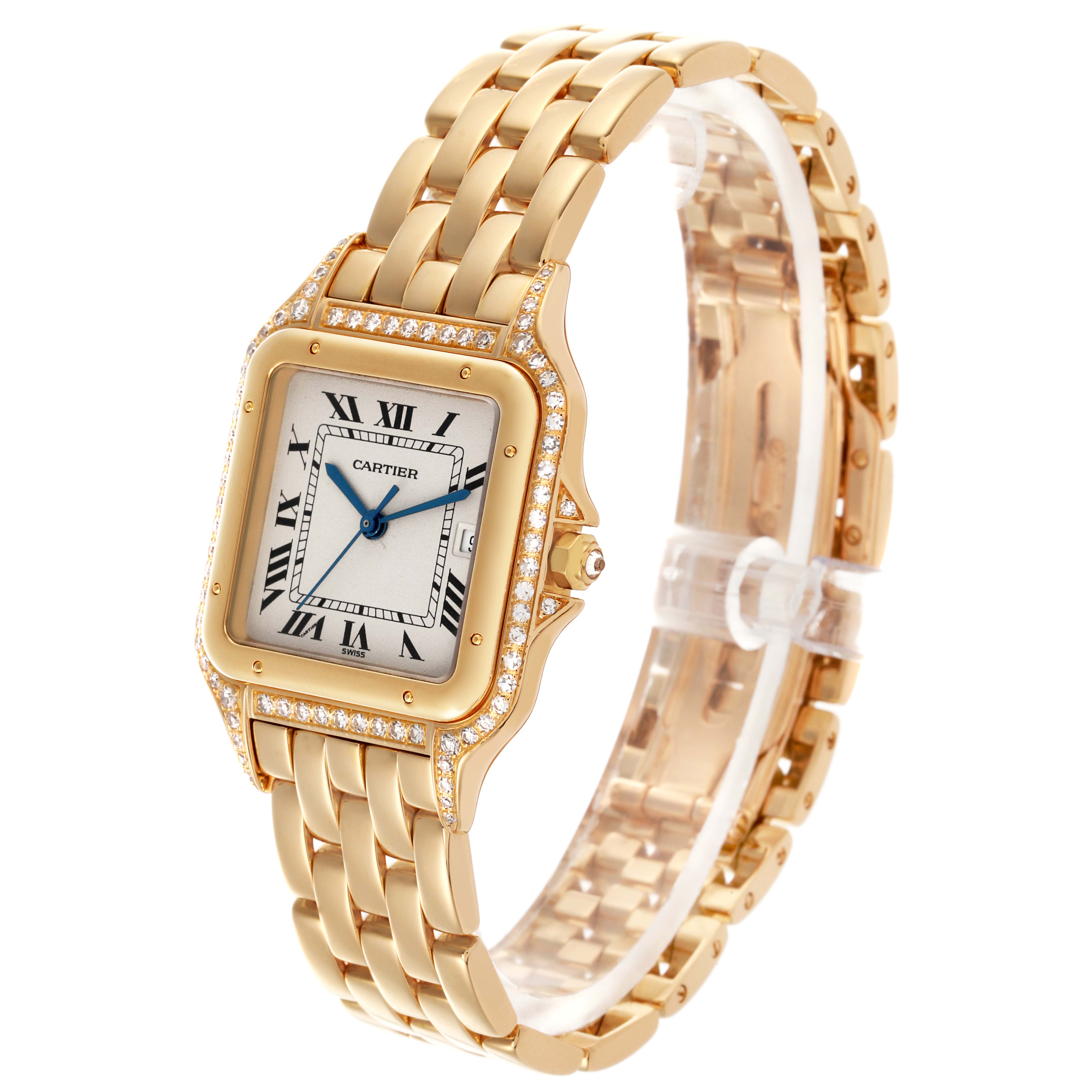 The Cartier Panthère watch is shown at a three-quarter angle, highlighting the gold case, diamond bezel, and linked bracelet.