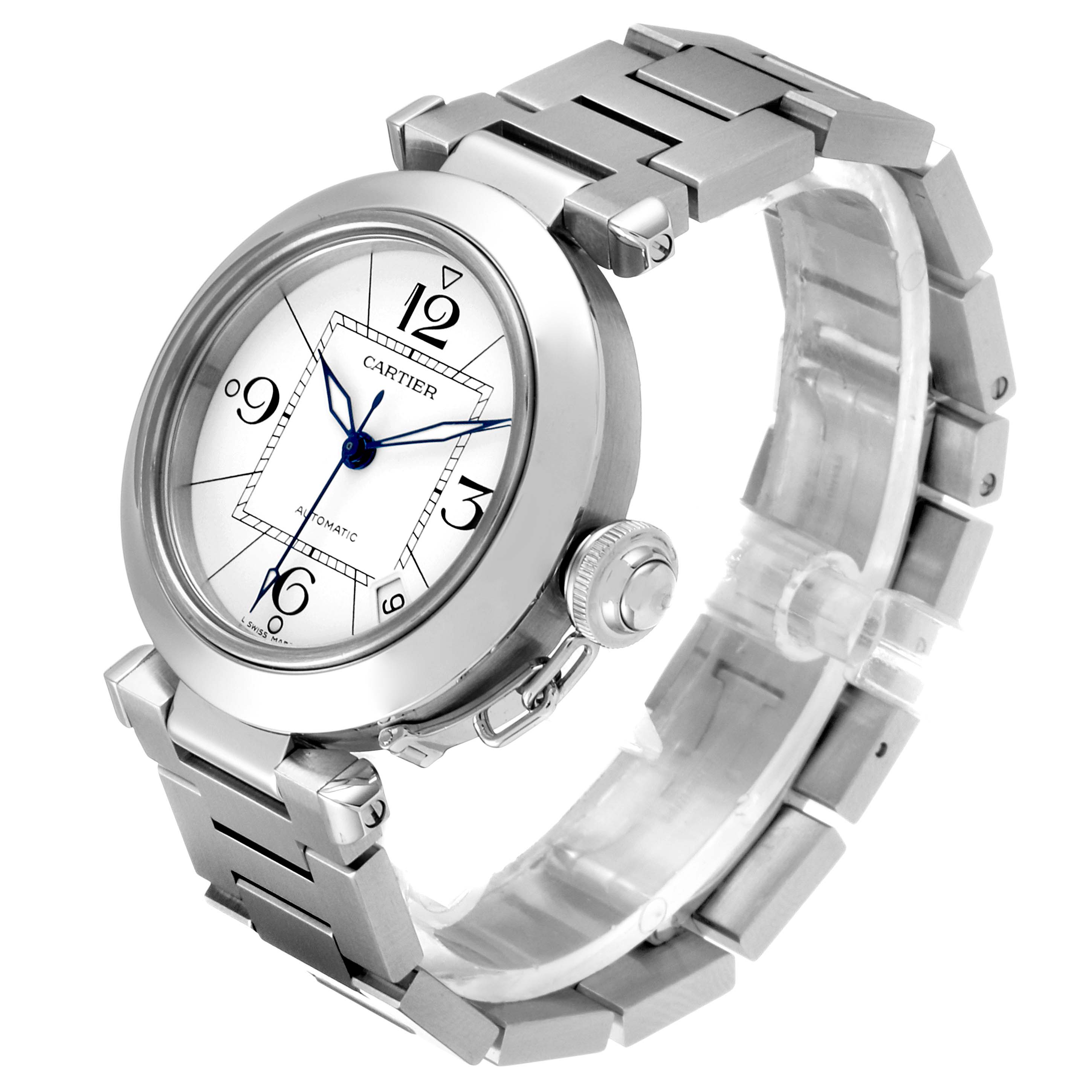 The angle is a three-quarter view showing the face, bezel, crown, and bracelet of the Cartier Pasha W31074M7 Men's Stainless Steel White Dial W31074M7 Men's Stainless Steel White Dial watch.