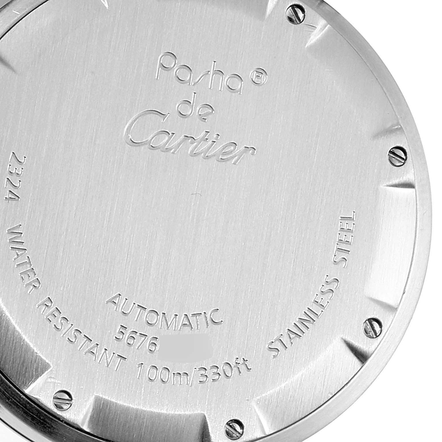 This is the back view of the Cartier Pasha W31074M7 Men's Stainless Steel White Dial W31074M7 Men's Stainless Steel White Dial watch, showing its case back details and engravings.