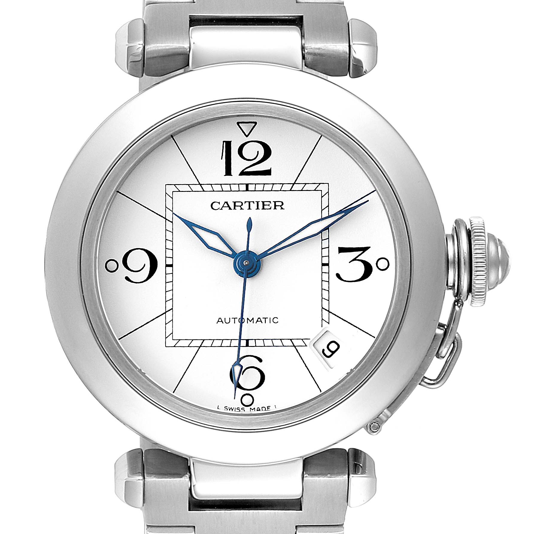 The Cartier Pasha W31074M7 Men's Stainless Steel White Dial W31074M7 Men's Stainless Steel White Dial watch is shown from an overhead angle displaying its face, bezel, crown, and part of the bracelet.