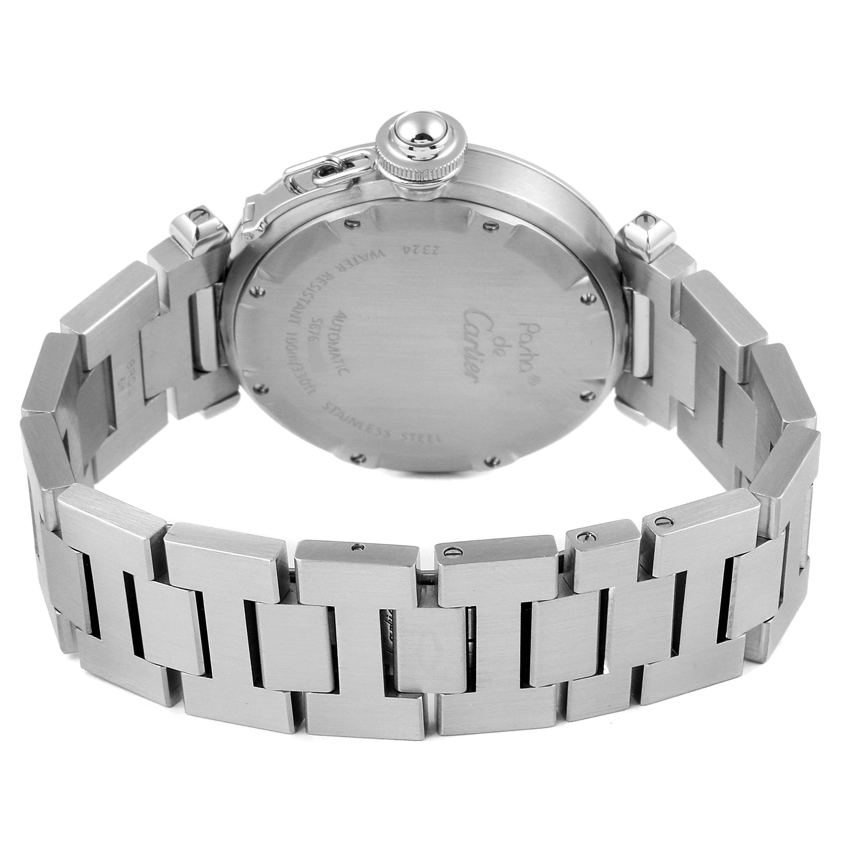 The image shows the back case, crown, and bracelet of a Cartier Pasha W31074M7 Men's Stainless Steel White Dial W31074M7 Men's Stainless Steel White Dial watch.