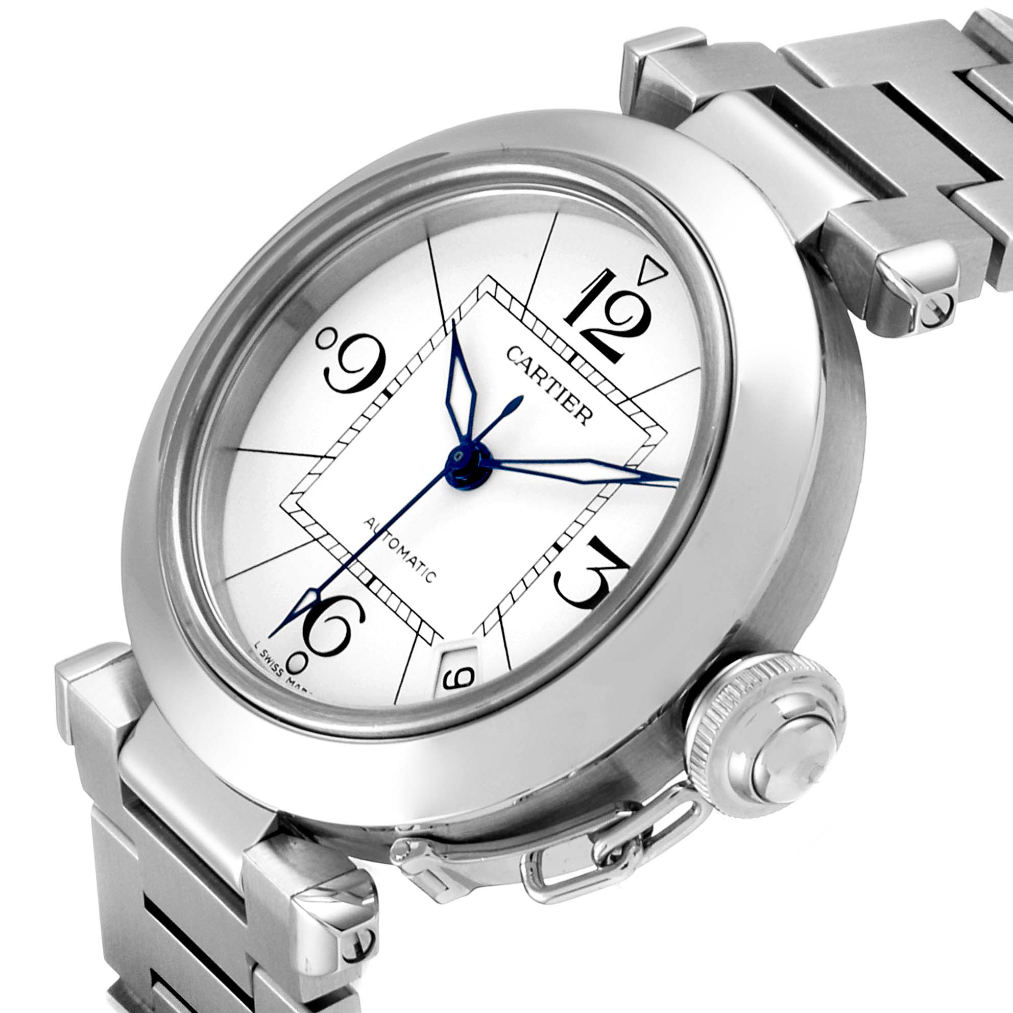 This image shows a close-up angled view of the Cartier Pasha W31074M7 Men's Stainless Steel White Dial W31074M7 Men's Stainless Steel White Dial watch, highlighting the dial, crown, and part of the bracelet.